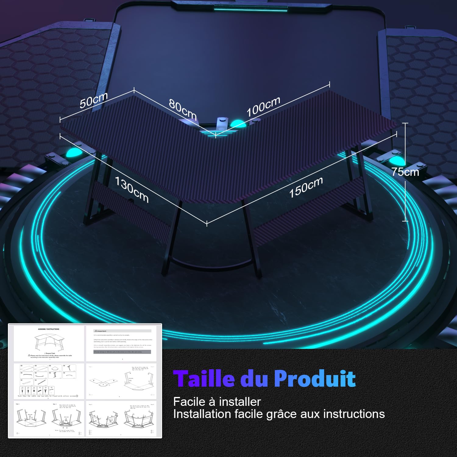 Devoko Bureau Gaming d'angle 150 x 130cm avec Support d'écran, Table Informatique en Coin,Bureau Gamer en Forme de L Table pour Etudier, Jouer et Travailler Carbon Noir