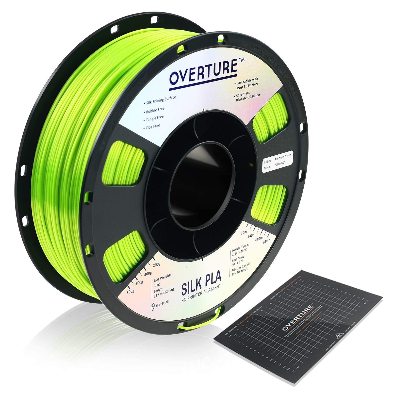 OVERTURE Silk Filament PLA 1.75mm Clog-Free Shiny 3D Printer Filament, 1kg Spool (2.2lbs), Dimensional Accuracy +/- 0.02 mm, Fit Most FDM Printer,Silk Neon Green