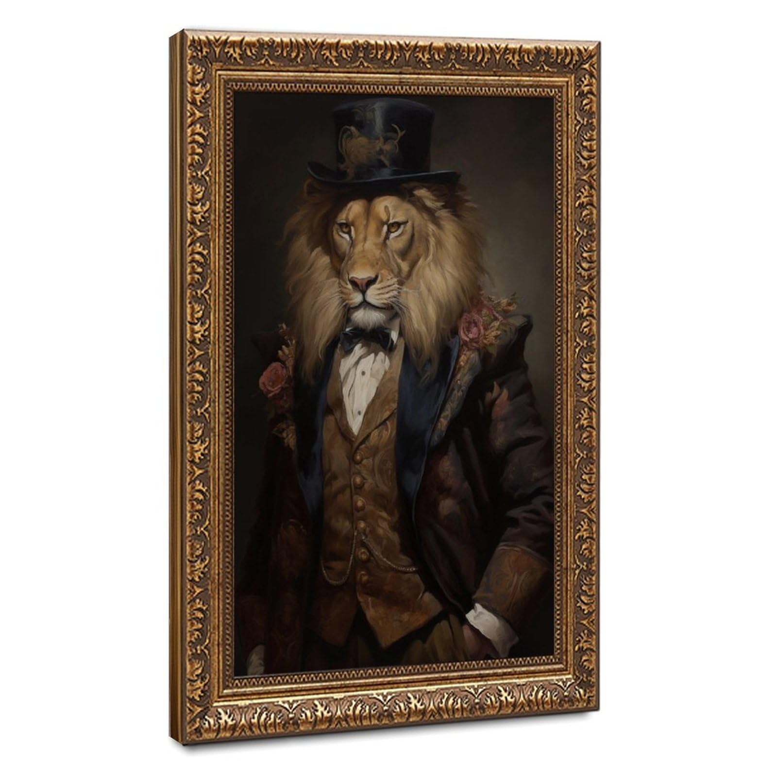 Pyberon Retro Gold Frame-Style A Lion Wearing Clothes Canvas Poster For Dorm Room Decor Gift