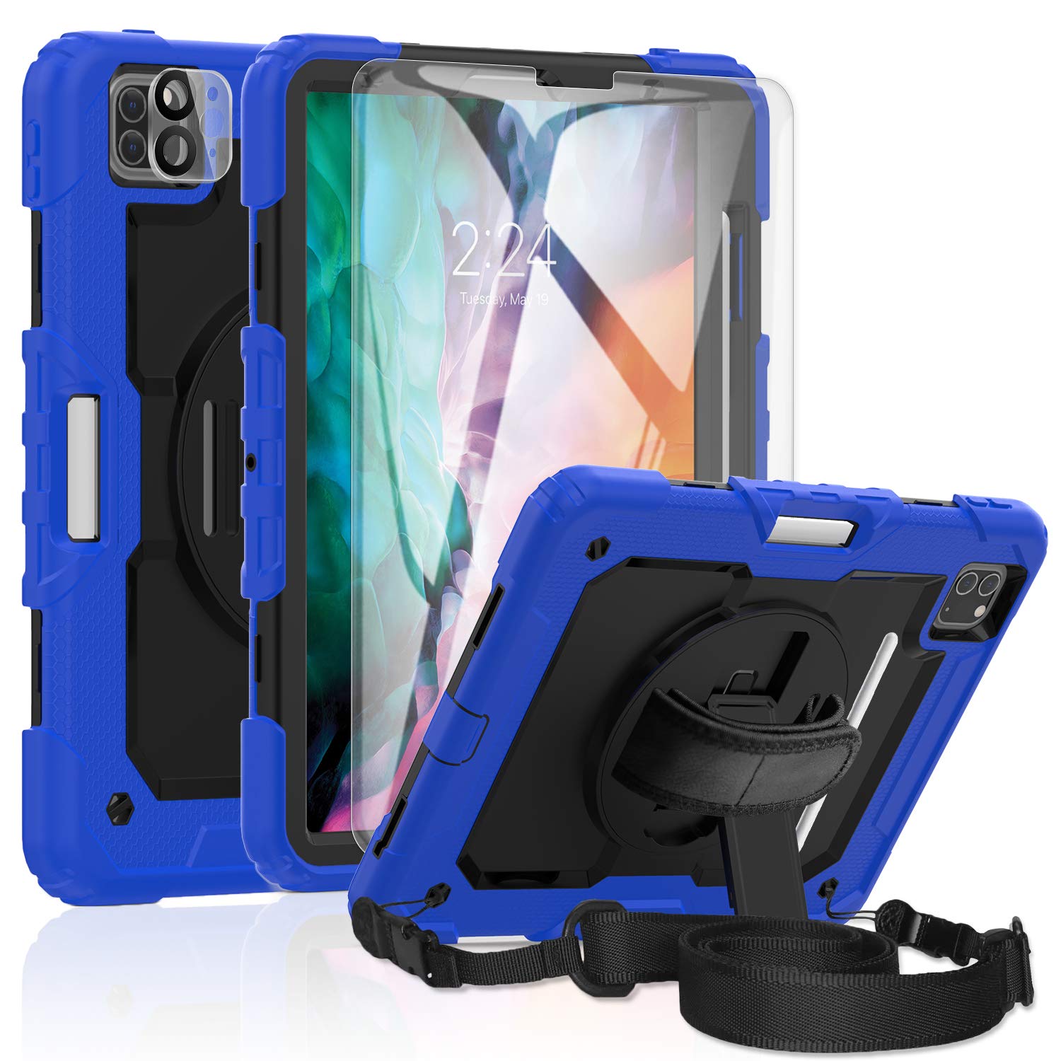 BASE MALL iPad Pro 11 2nd Generation 2020, [Kid Proof] Full Body Protective with [Camera Lens/Screen Protector], 360 Rotating Stand,Hand & Shoulder Strap,Support Apple Pencil Charging (Blue)