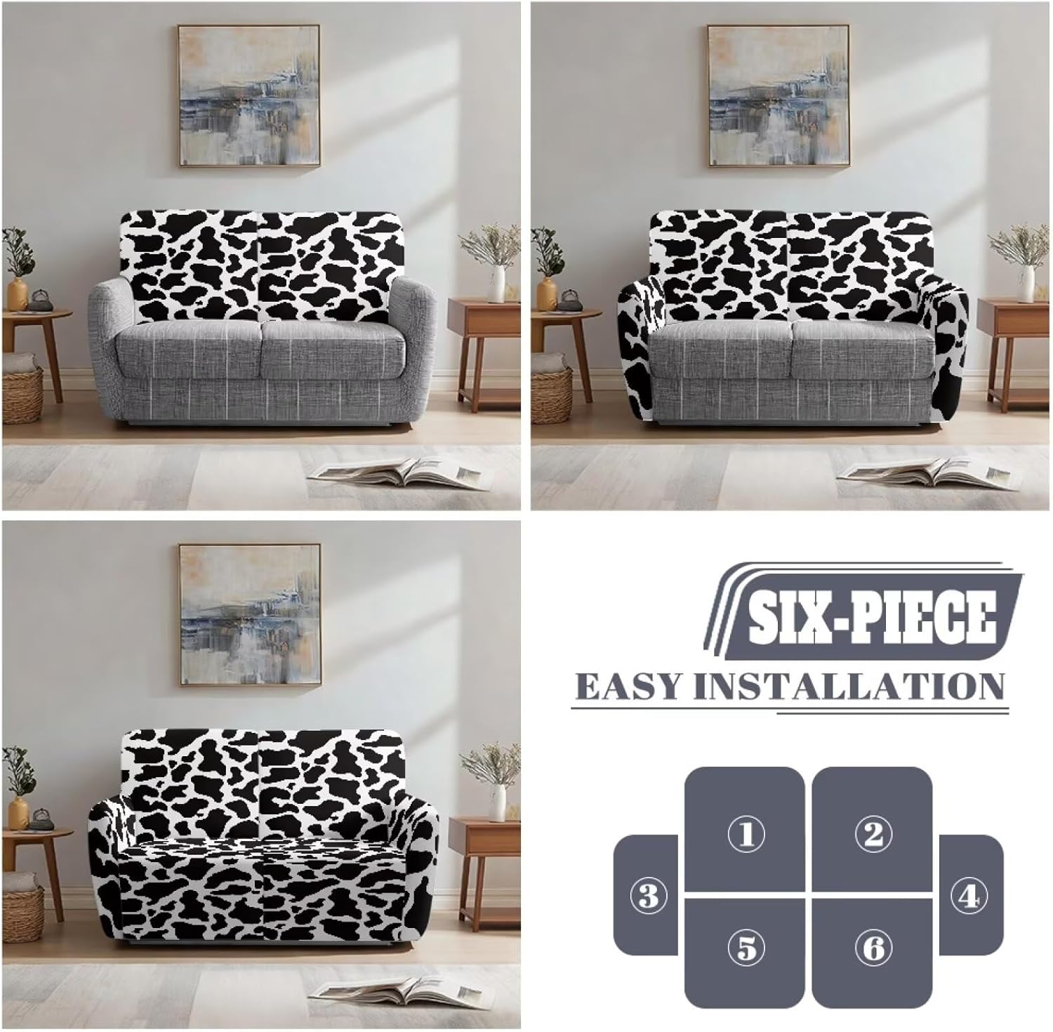 Cow Print Double Recliner Covers Washable Lazy Boy Recliner Slipcovers with Straps Bottom, Non Slip Reclining Loveseat Cover 6 Pieces Easy to Install