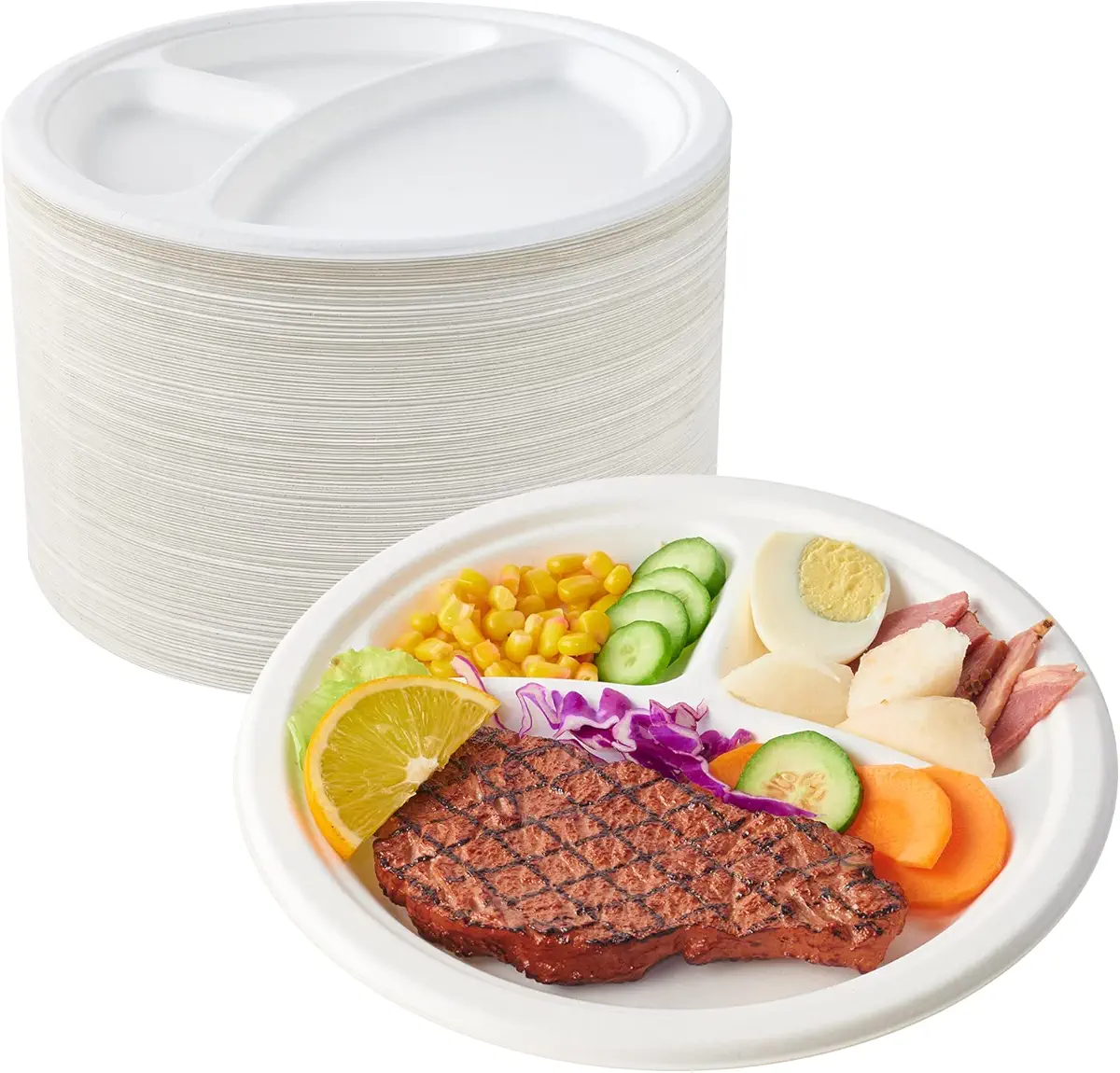 ECOLipak 150 Pack Compostable 3 Compartment Plates, 10 inch Heavy-Duty Disposable Biodegradable Paper Plates, Eco-Friendly Sugarcane Bagasse Plates for Party Dinner