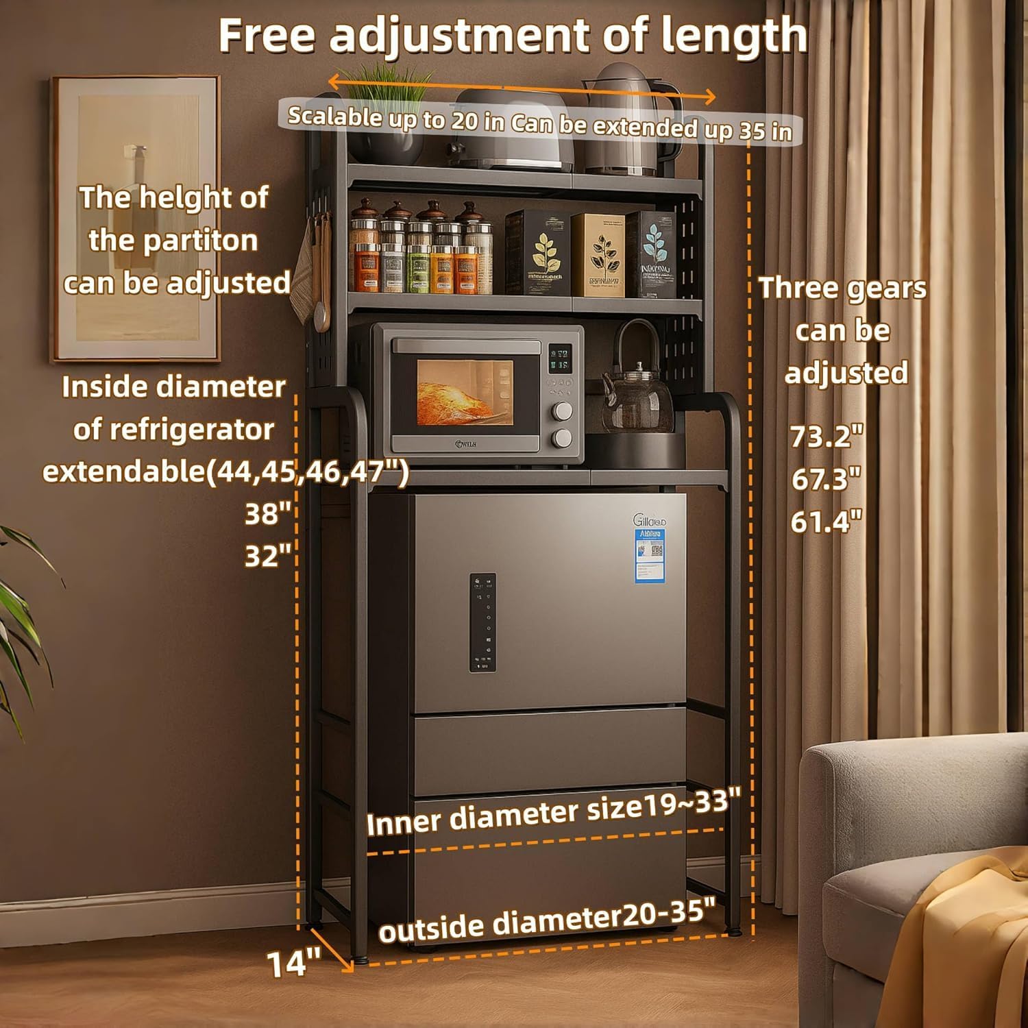 Dorm Microwave Storage mini Fridge Rack, can be Placed Above the White mini Fridge Shelf, The Height and Length are Adjustable, Suitable for Various Sizes of refrigerators (Gray)