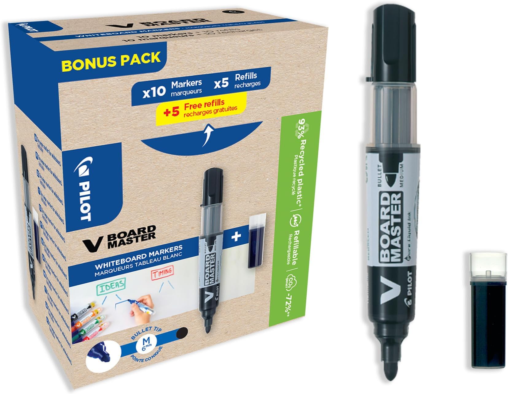 V-Board Master Marker, Black, 10 Markers and 10 Refills, Recycled Material, 6mm Bullet Tip, (WLT556275)