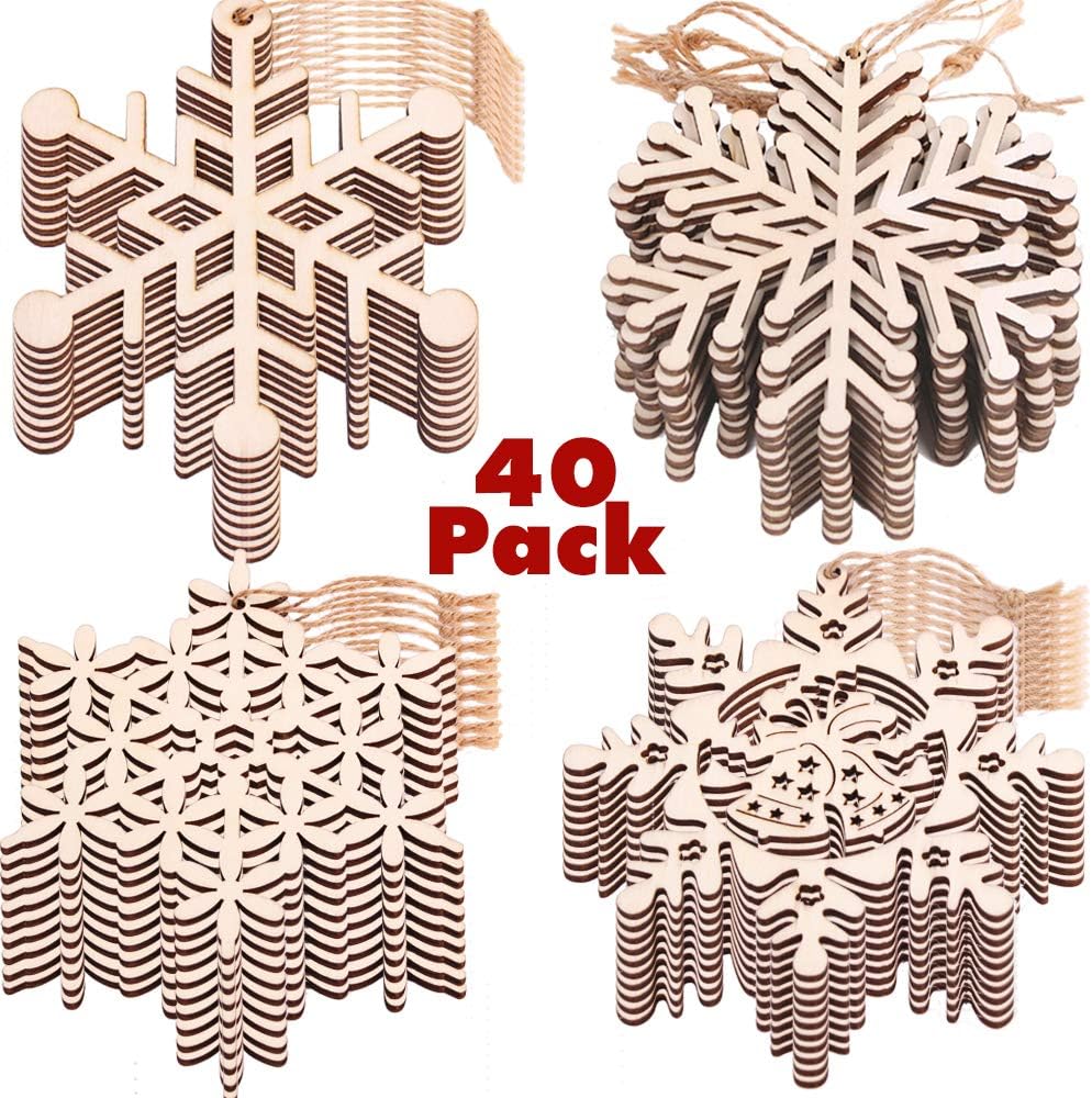 Partybus Wooden Christmas Tree Ornaments 40 Pcs, Small Blank Unfinished Wood Snowflake Cutouts Slices Set to Paint for Holiday Home Decorations, Rustic Xmas Gift Tags for Kids Art & Crafts DIY