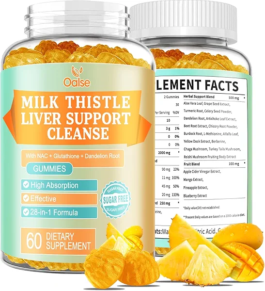 OALSE 2000 Mg Milk Thistle Gummies - Mango Pineapple - with NAC, Glutathione, Dandelion Root, etc - Gentle Detox* & Cleanse*, Gluten-Free, 60 Count