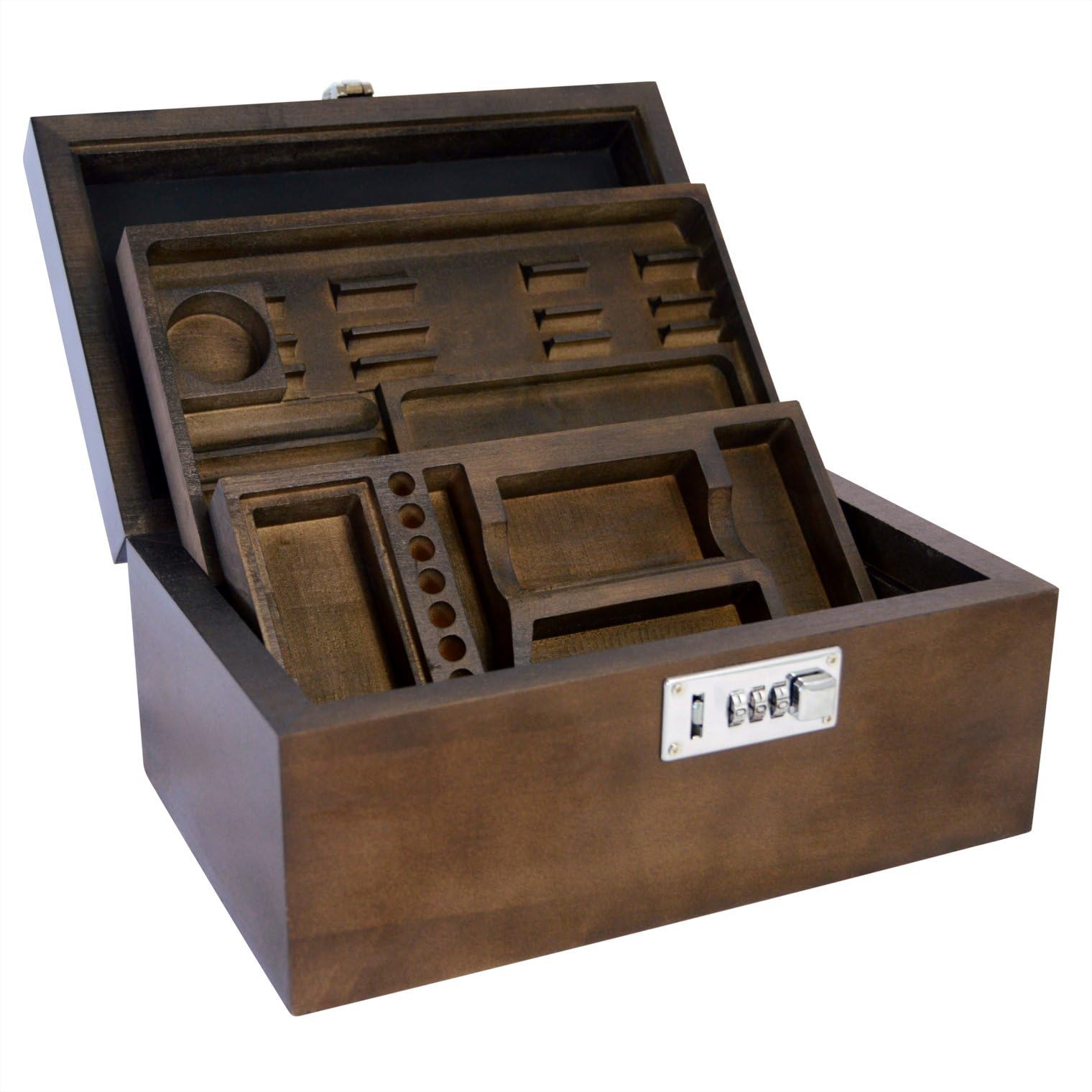 420 Stash Box for MMJ or Tobacco, Wood, Two Removable Trays, 3-Digit Combo Lock, Built-in Silicone Dab Mat