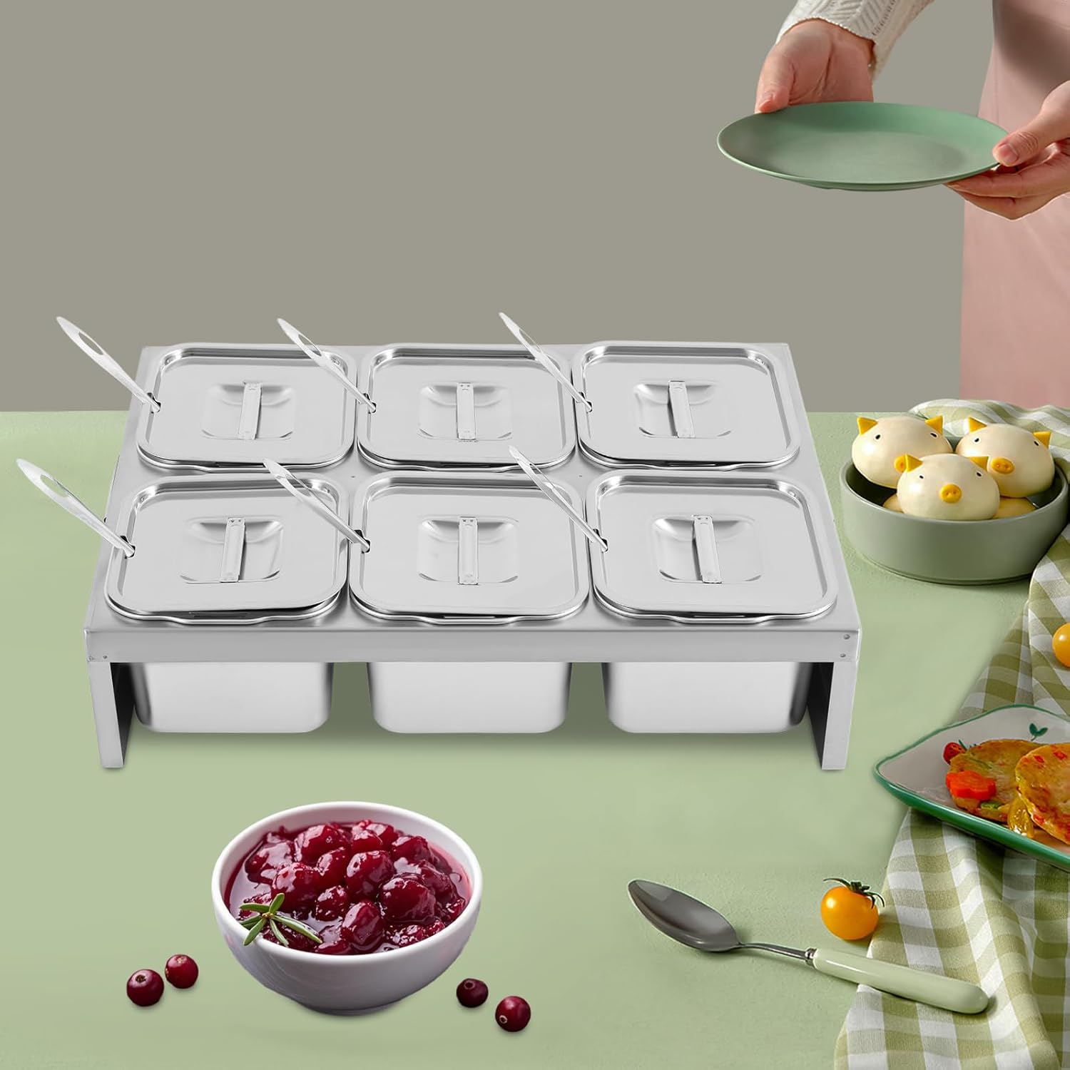 6-Container Pizza Topping Station, Stainless Steel Condiment Containers with Lids & Spoons, Seasoning Organizer Box for Ingredients Sauce Salad Jam Fruits