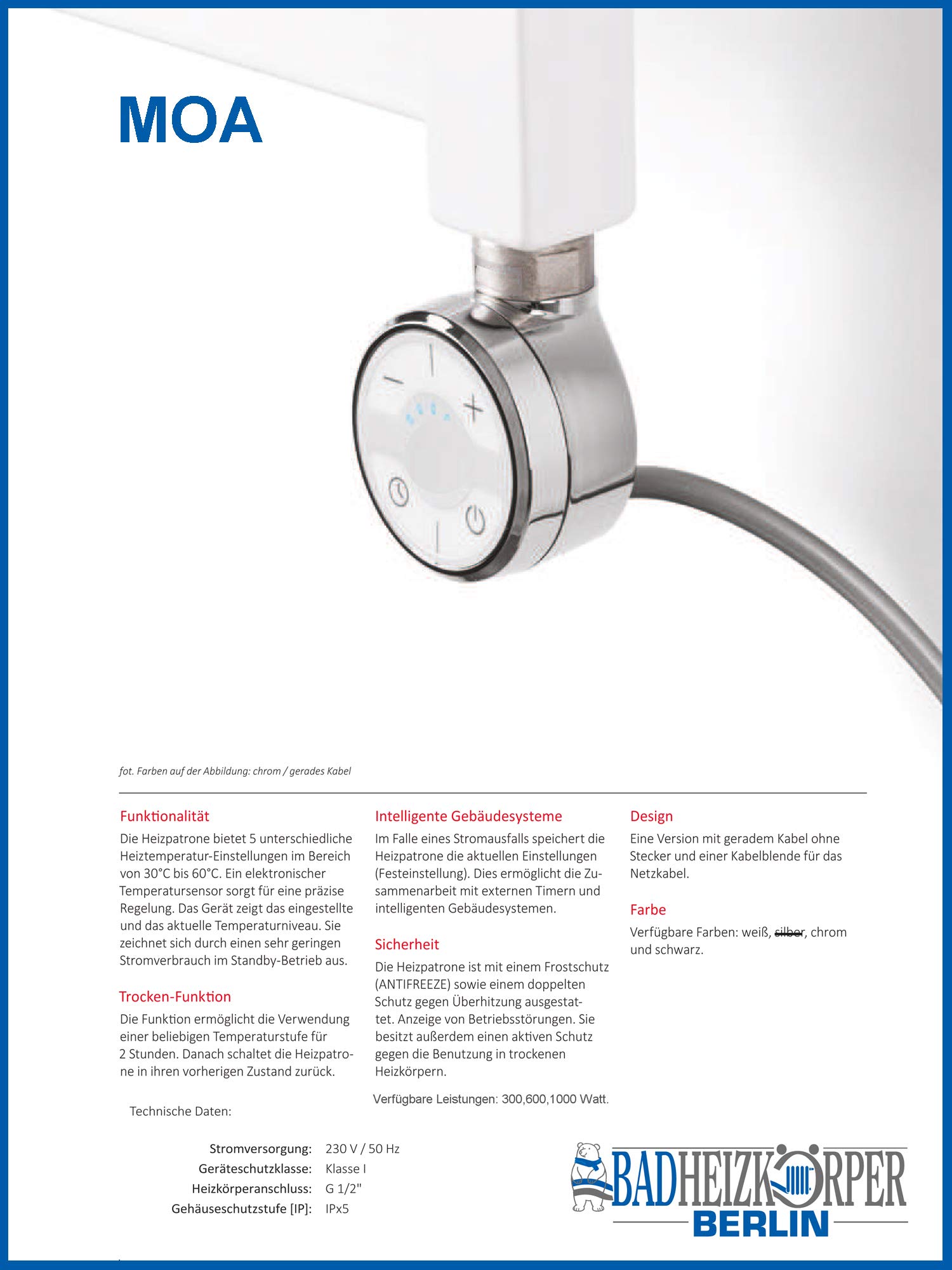 MOA Thermostat Heizstab, Heizpatrone, Heizelement 300 Watt (Weiß) Spiralkabel mit Stecker