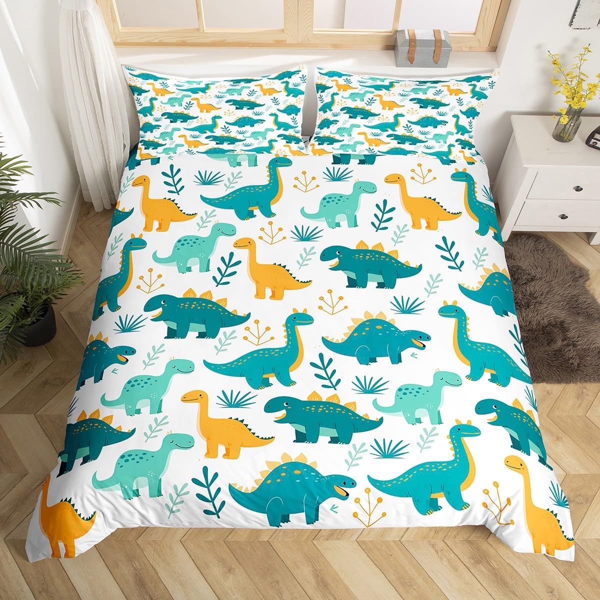 Homewish Kawaii Dinosaur Duvet Cover Set Toddler Size,Yellow Blue Dino Cute Animal Reversible Quilt Cover for Kids Boys Girls Boho Leaves Plant White Bedding Set with 1 Pillowcase,No Comforter