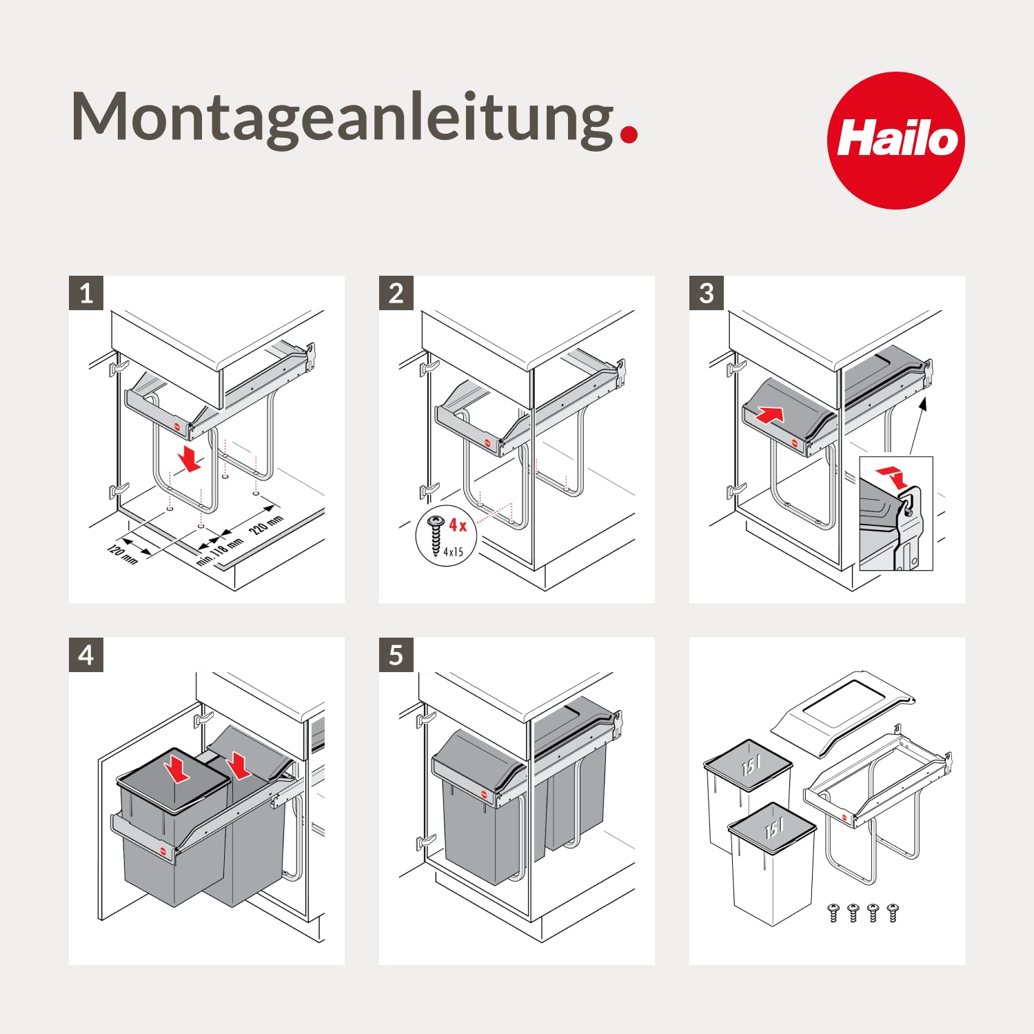 Hailo Abfallsammler Tandem 365010 | 2fach Einbau-Mülleimer | für Schränke ab 300 mm Breite | Bequemer Handauszug auf Rollenführung | Silber und Kunststoff Anthrazit (2x 15L)