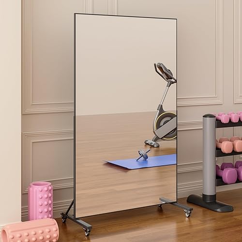 Miniatura 6 de Espejo rodante de gimnasio en casa de 68 x 40 pulgadas, espejo de fitness extra grande de longitud completa, espejo grande de vidrio templado