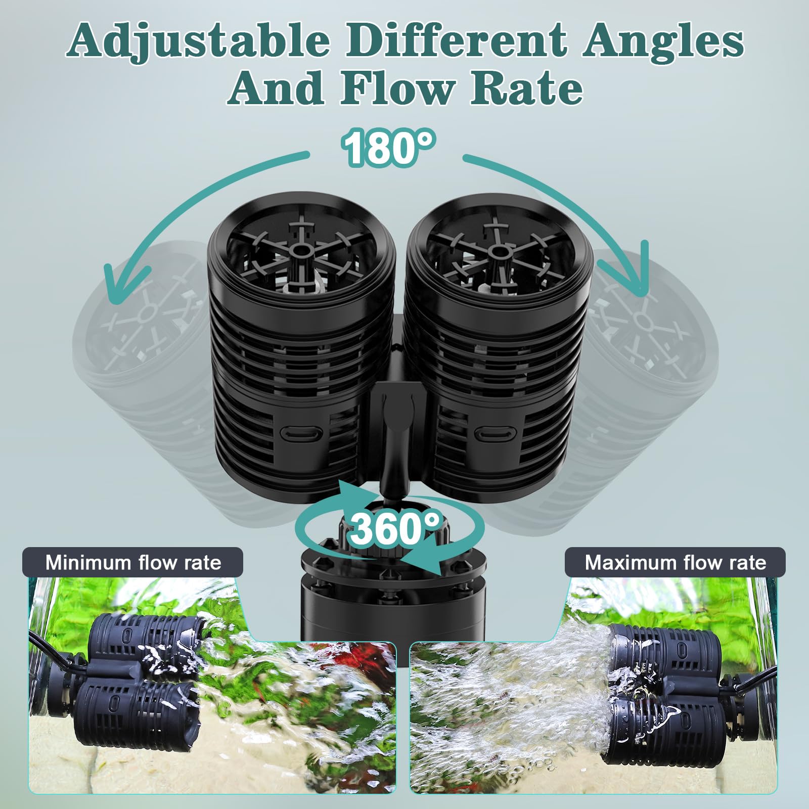 hygger 6000LPH Double Head Bomba de Flujo para Acuario, 7W Bomba de Circulación con Base de Succión Magnética Potente, 360 ​​Grados Cabezal Wave Maker para Acuarios de 151-303L Agua