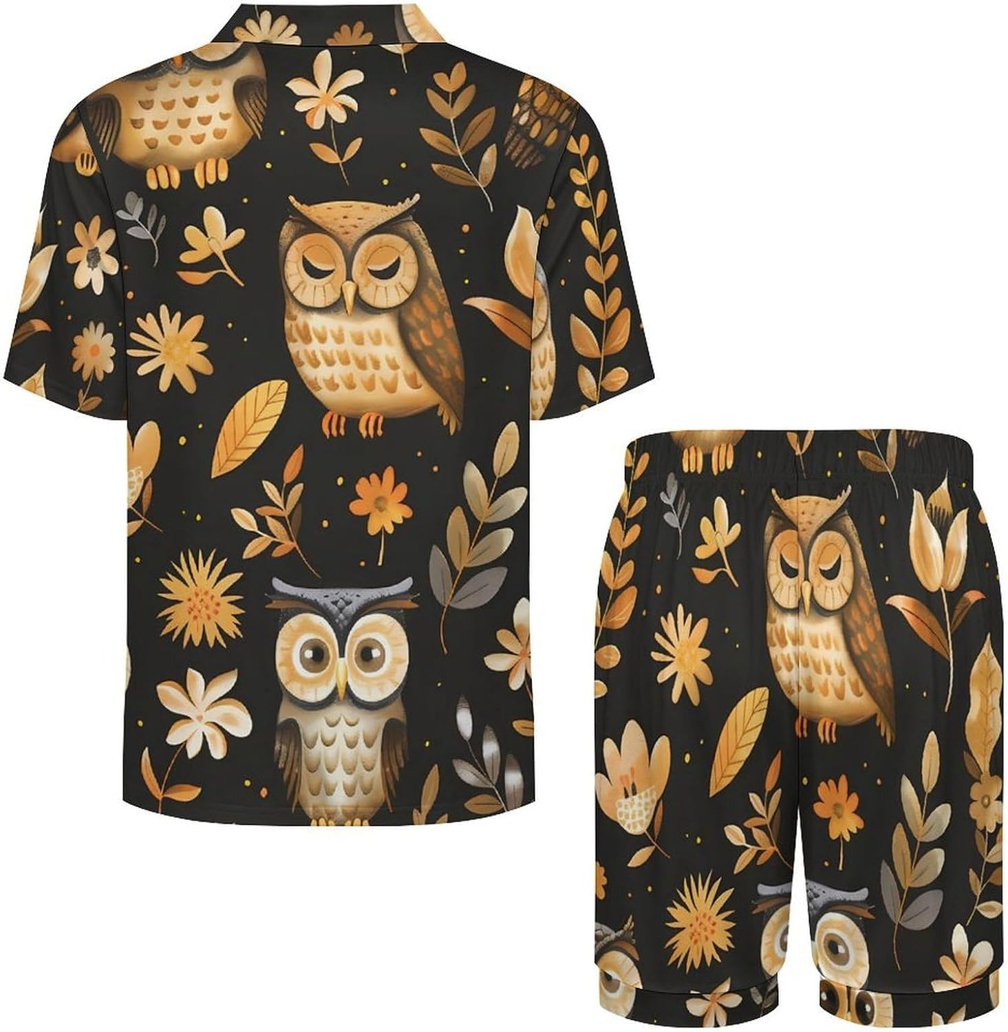Cute Owls And Leaves Men's Short Sleeve Pajama Set Satin Silk Like Lounge Sleepwear