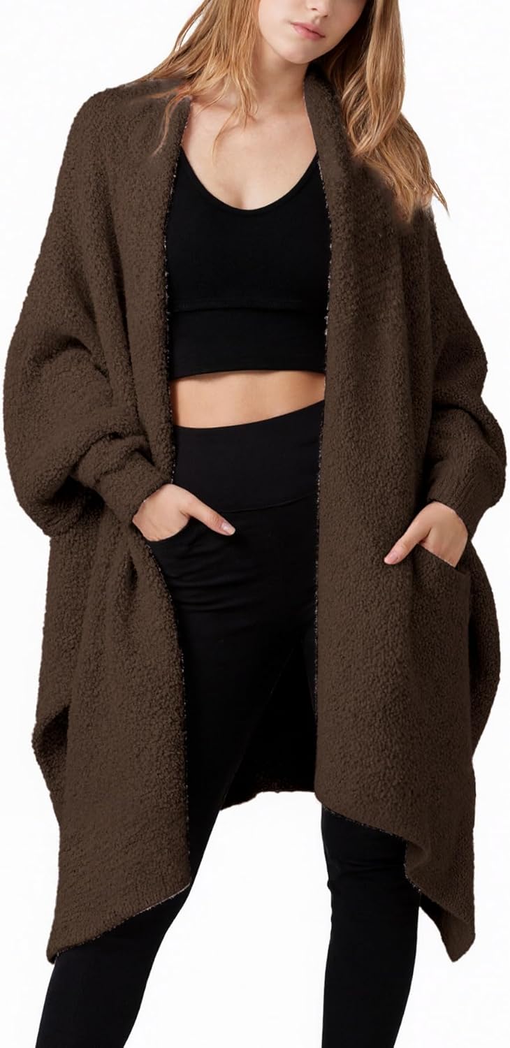 Wearable Blanket Poncho Fuzzy Sherpa Fleece Shawl TV Throw Plush Cape Wrap Cozy Loungewear with Pockets for Adults - Image 7