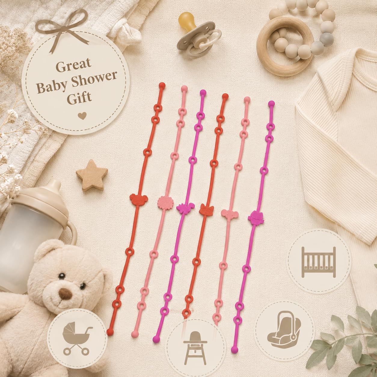 Slotic 6-Pack Baby Toy Straps, Silicone High Chair & Stroller Straps, Toddler Bottle & Car Seat Accessories, Baby Travel Essentials with Pacifier Clips (red)