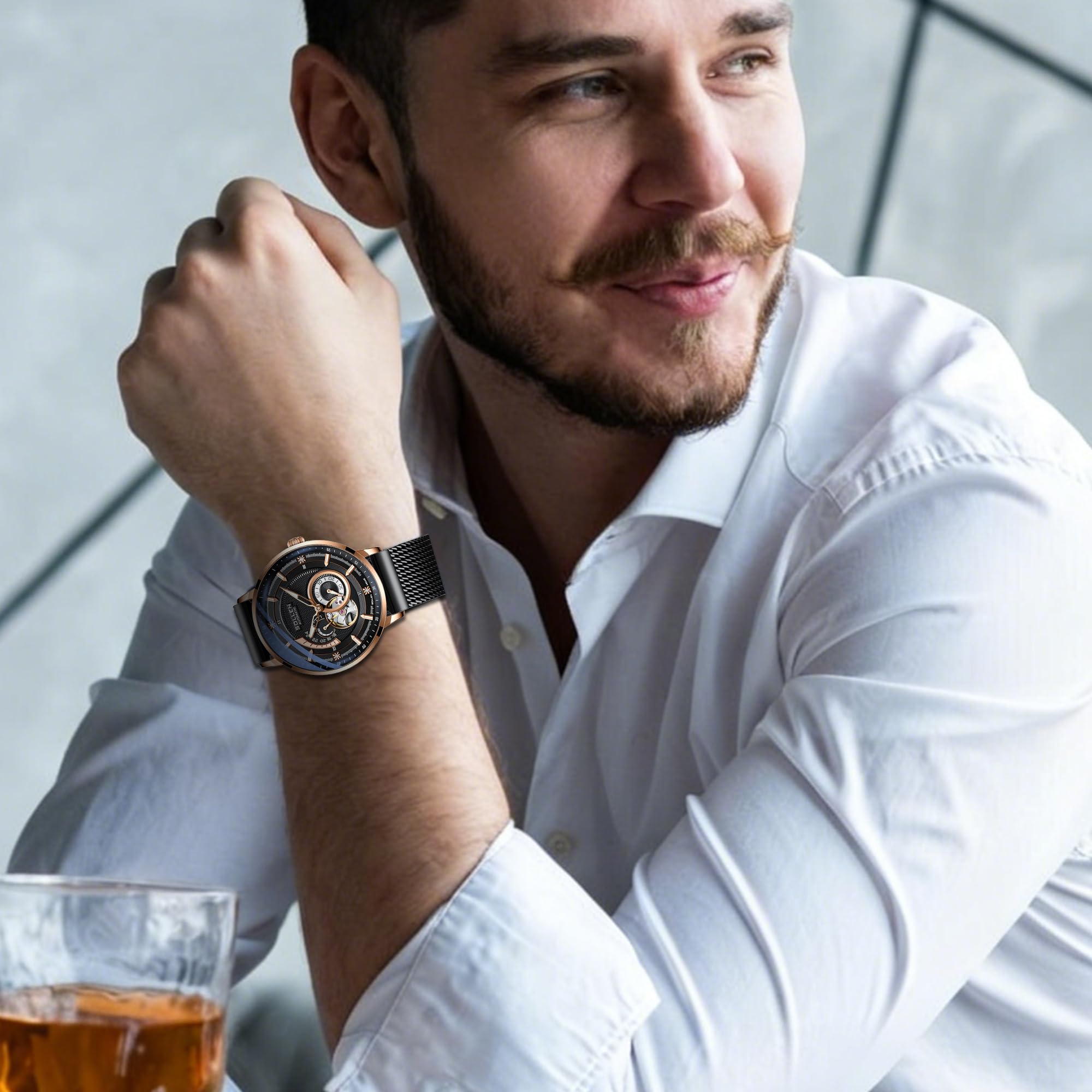 SOLLEN Skelett Automatik Uhr Herren,Automatische Herrenuhren mit Sekundenzeiger & 24-Stunden-Rufnummer,Minimalistische Herrenuhr Luxus,Originales Mechanisches Uhrwerk,Klassische Uhrengeschenk für Mann