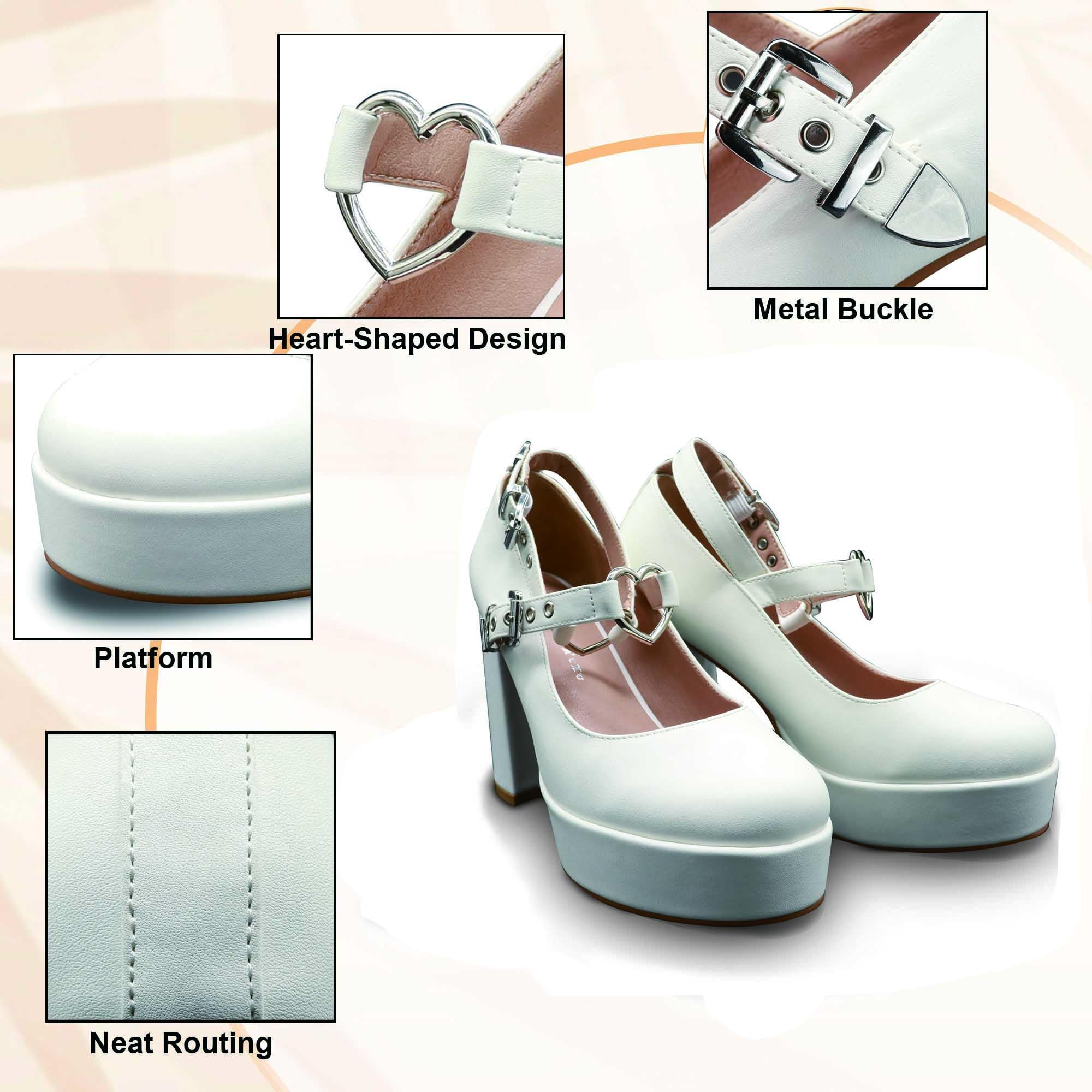 MUBUPUXU Women's Sexy Thick Heels Platform Heart Buckle Strap Mary Janes High Heel Round Toe Goth Shoes: 10.5 White