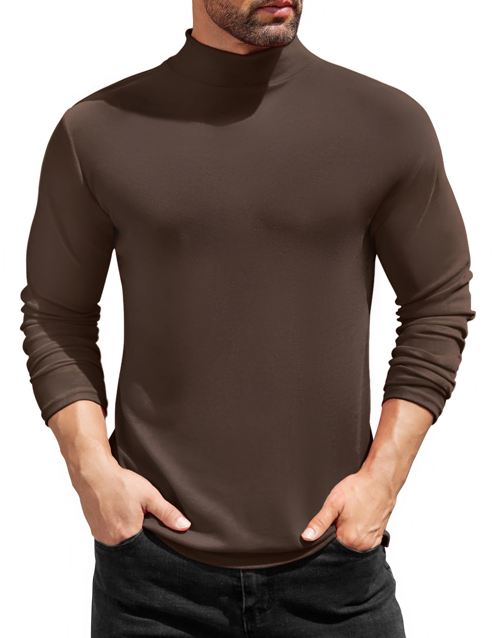 COOFANDY Mens Half Turtleneck T-Shirts Basic Thermal Shirts Casual Slim Fit Lightweight Underwear Tee Winter Fall Brown