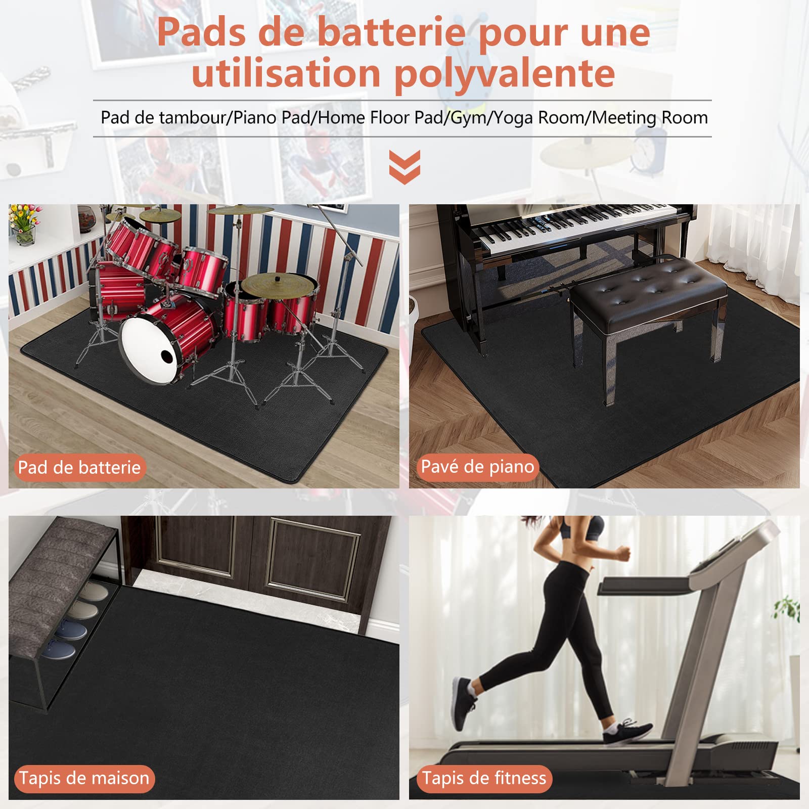 IBVIVIC Tappetino per batteria antiscivolo, tappetino per tamburo insonorizzato, tappetino professionale jazz, per grande cassa chiara e altri strumenti musicali 140 x 180 cm (nero)