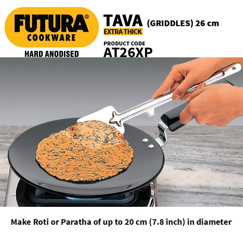 Futura Hard Anodised concave Tava Griddle, 4.06 mm, con Manico in Acciaio, Black, 10" with Plastic Handle.
