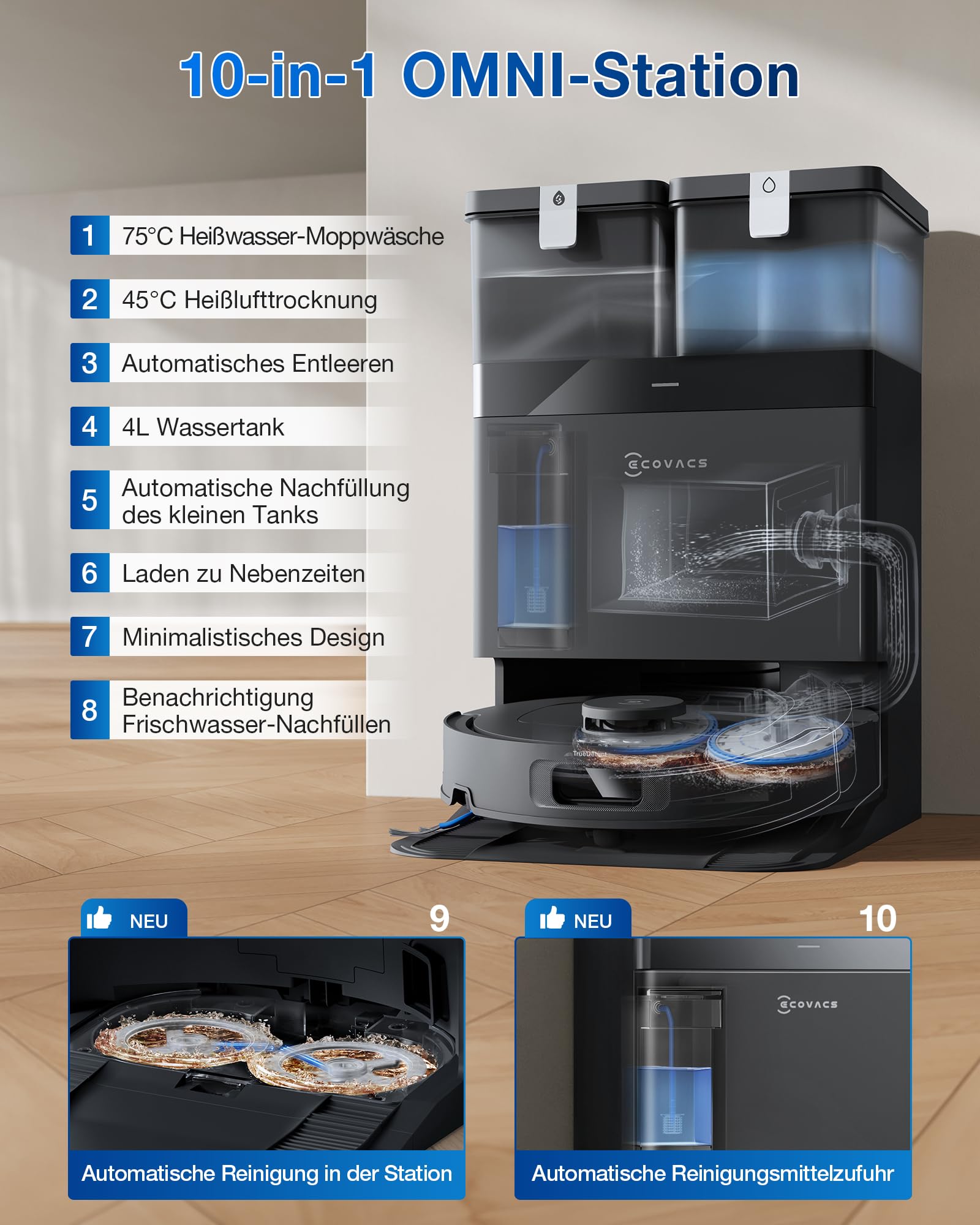 ECOVACS DEEBOT T30C Omni Gen2, Saugroboter mit Wischfunktion, 25.000 Pa, OZMO Turbo 2.0 Wischen, ZeroTangle 3.0 Anti-Verheddern, TruEdge 2.0 Kantenreinigung, Omni-Station, 75°C Moppwäsche, Schwarz