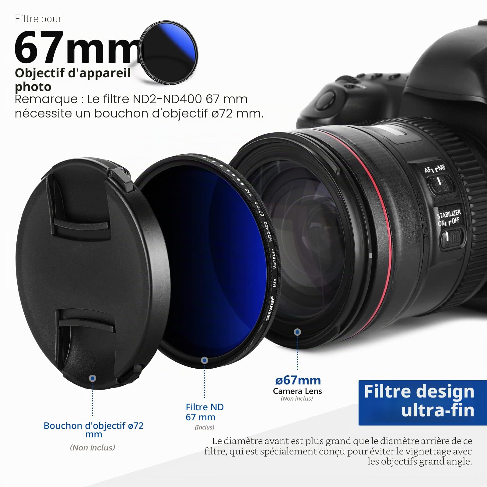 NEEWER Filtre ND Variable 67mm ND2-ND400 (1-9 Arrêts), Filtre à Densité Neutre, Revêtements Multiples, Résistant à l'eau et aux Rayures