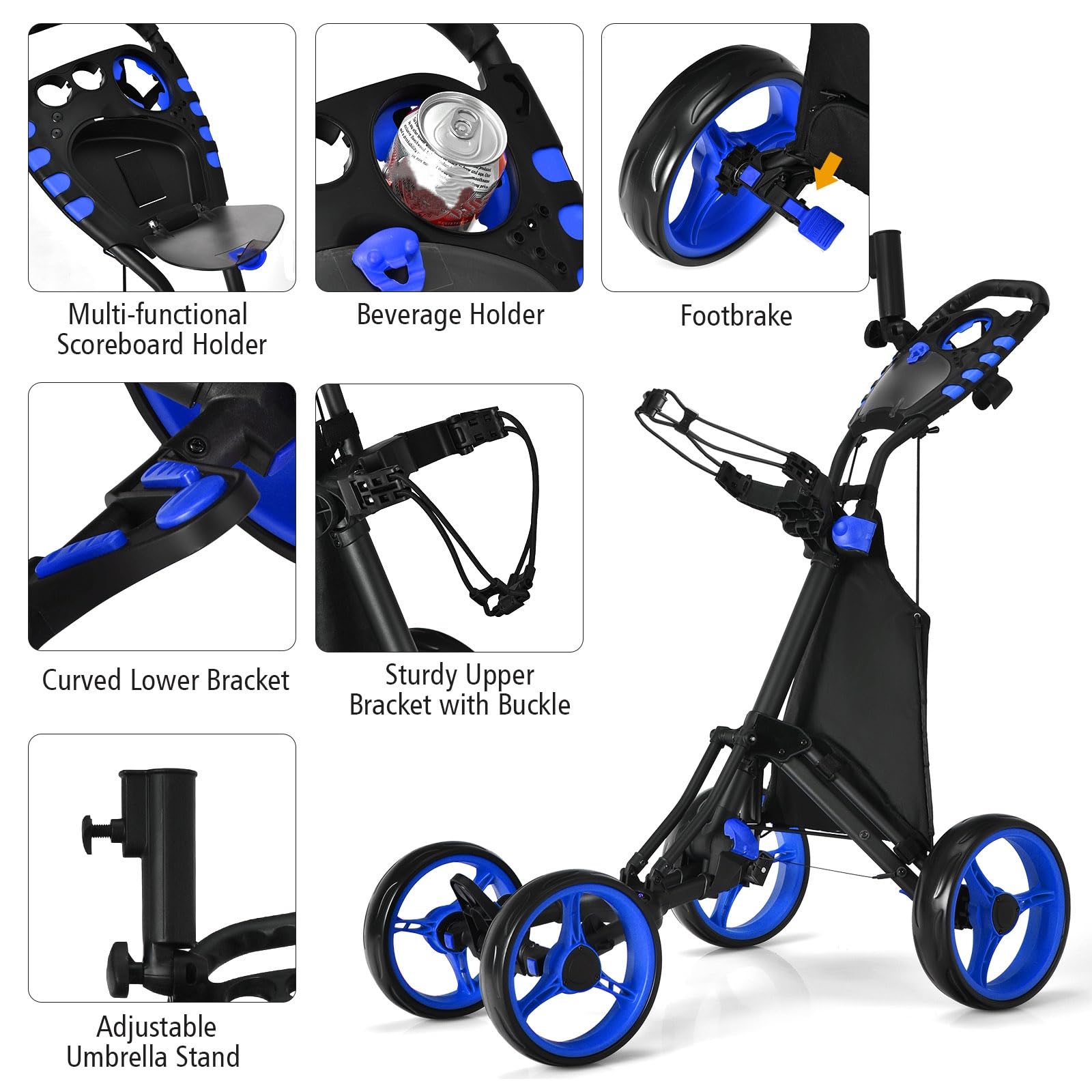 LIFEZEAL Golftrolley mit 4 Rädern, Golf Push Cart mit Fußbremse, Golfcaddy mit Aufbewahrungstasche & verstellbarem Griff, 110 x 65 x 100 cm