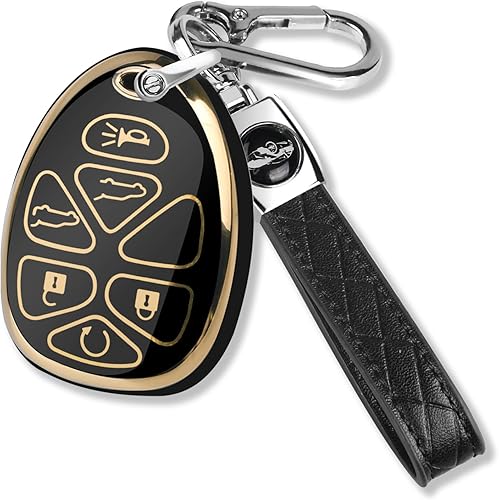 QBUC para llavero de Chevy con funda de goma TPU suave con llavero, dorado, protección con borde dorado, compatible con 2007-2014 Chevy Tahoe