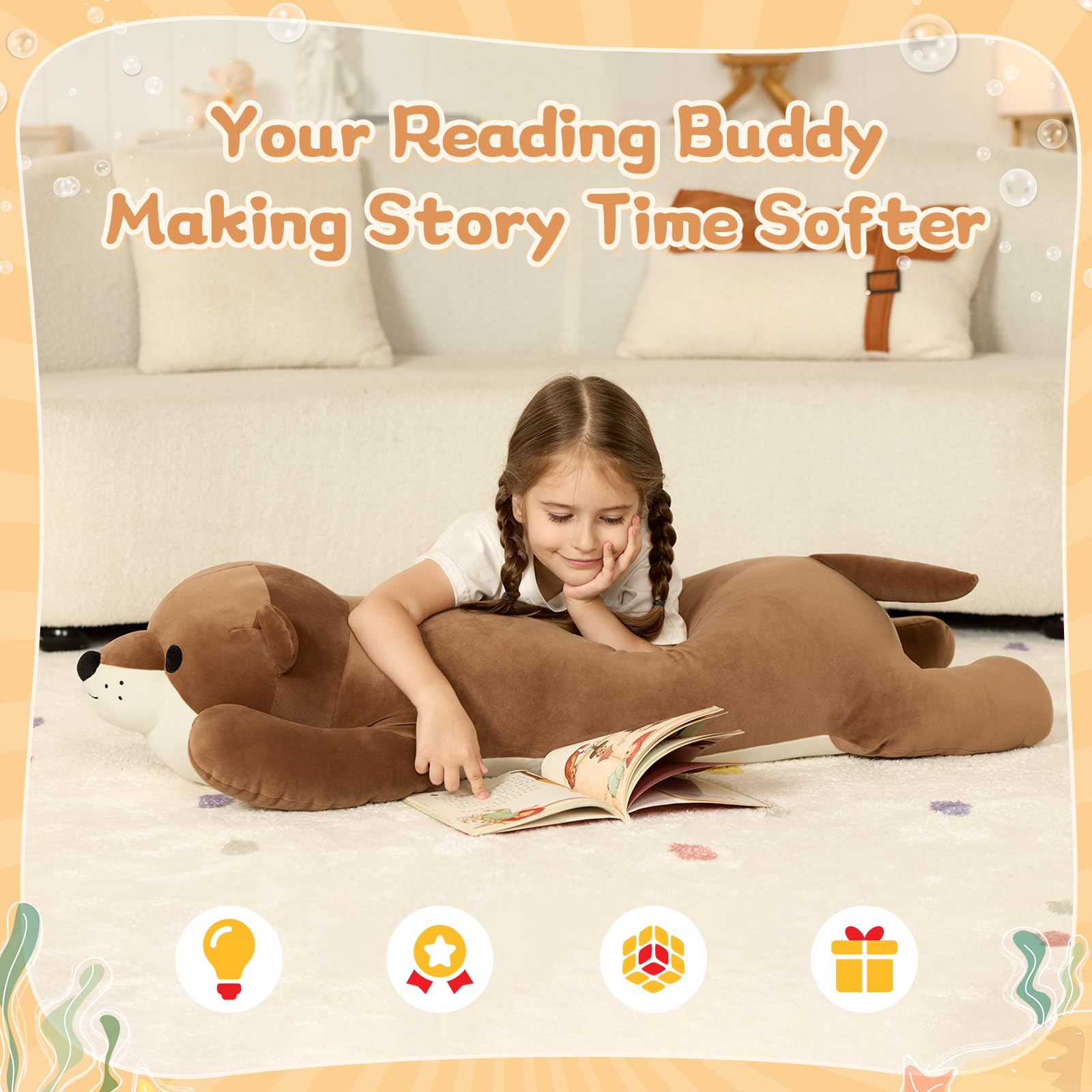 KERTA 43.3 inch Giant Otter Stuffed Animals, Soft Sea Otter Long Plush Body Pillow for Sleeping Hugging Wildlife Animals Ester Birthday Gift for Boys Girls 2