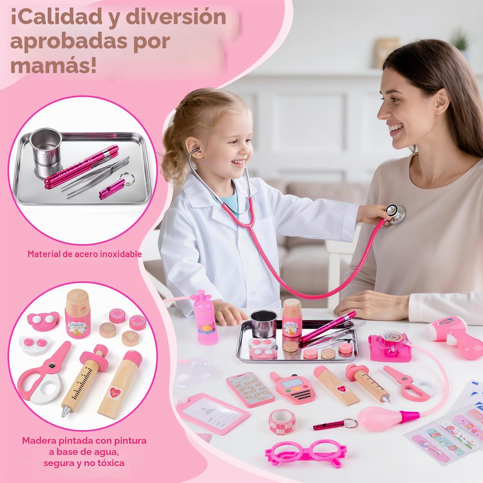Sundaymot Maletin Medicos Juguete, 35 Piezas Madera Doctora Juguete con Estetoscopio Real, Bata, Cilindro de oxígeno, Termómetro y Jeringa, Juguete Educativo para Niños de 3+ Años