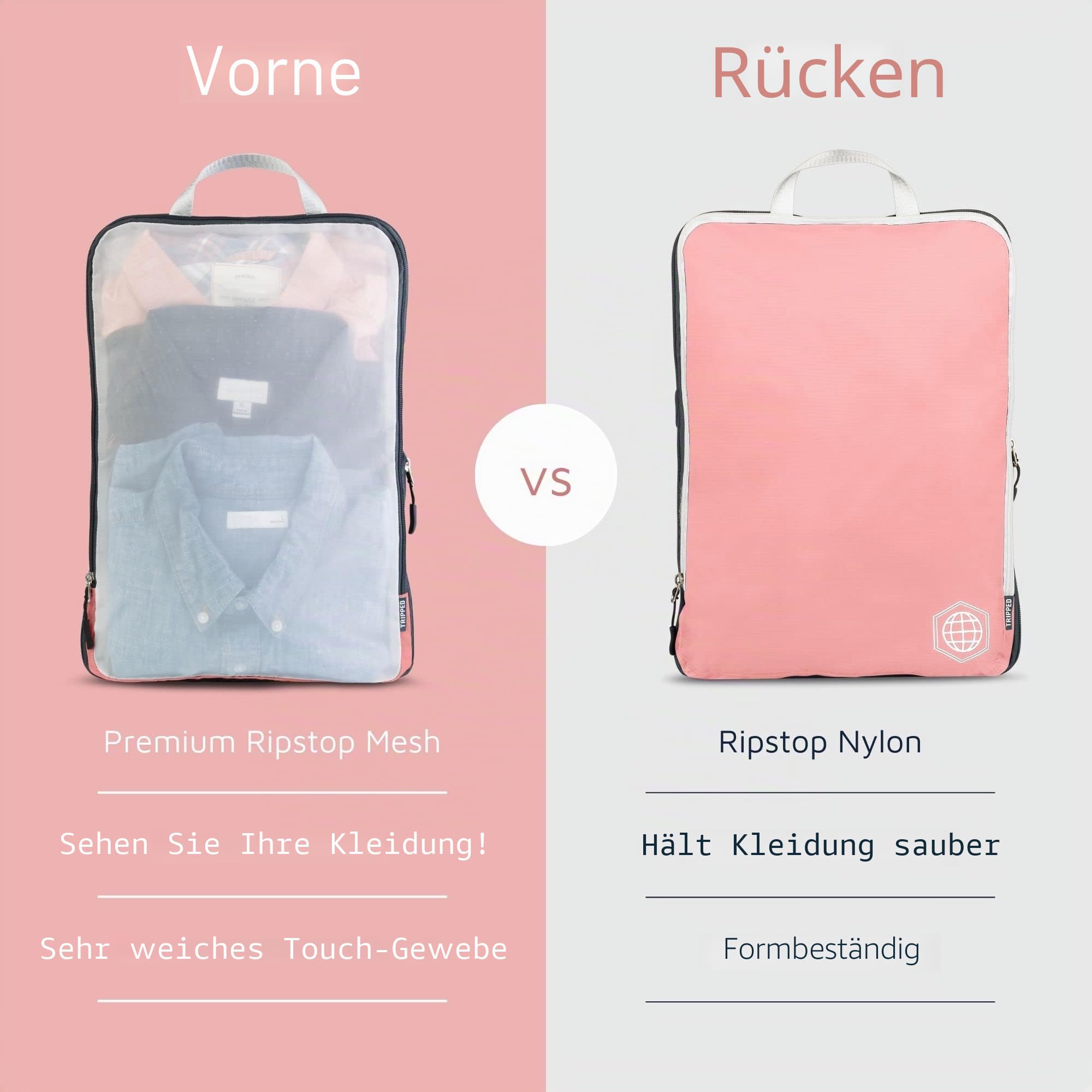 TRIPPED Travel Gear Großes Packwürfel-Set mit durchsichtigem Netz, Kompressions-Verpackungswürfel, Reise-Organizer (Dusty Rose)