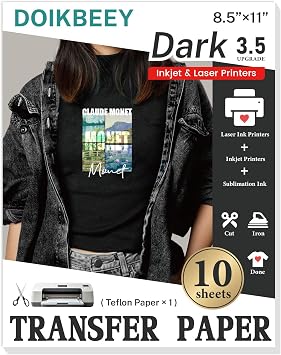 Heat Transfer Paper - 10 Sheets, 8.5" X 11" Dark Iron On Transfer Paper | Printable HTV for Dark T Shirts Heat Transfer Vinyl for Inkjet Printer Iron on Transfer Paper for Cotton & Nylon Fabric