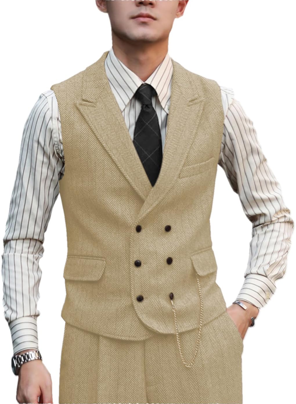 Zeattall Men Vests Wool Herringbone Tweed Suit Vest Double Breasted Waistcoat, Champagne, XX-L