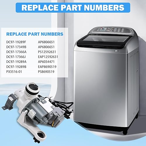 Miniatura 2 de DC97-19289F DC97-19289B DC97-19289A PX3516-01 Conjunto de bomba de drenaje para lavadora Samsung Reemplazo DC97-17349B, DC97-17366A, DC97-17366J,