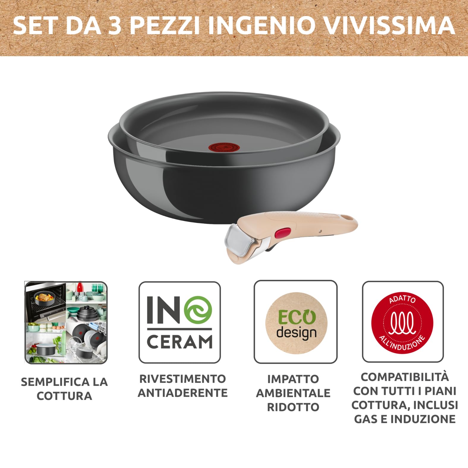 Lagostina Ingenio Vivissima, Set Padella 24cm e Wok 26cm in Ceramica Antiaderente con Manico Rimovibile Beige, 100% Alluminio Riciclato e Tecnologia Thermo-Signal, per Tutte le Fonti di Calore