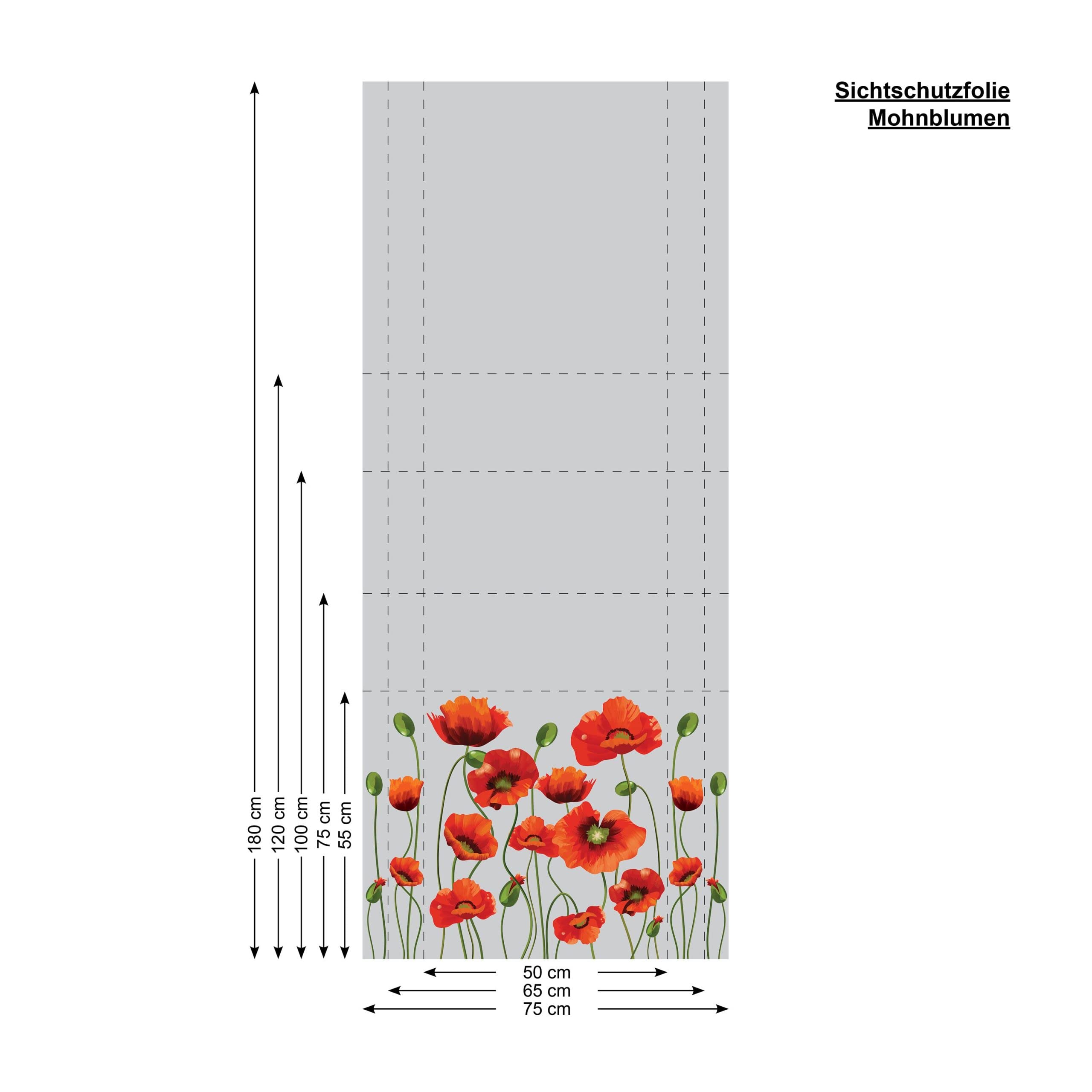 Sichtschutzfolie mit Mohnblumen, Fensterfolie Fensterdeko Milchglasfolie, 100 cm hoch, 75 cm breit