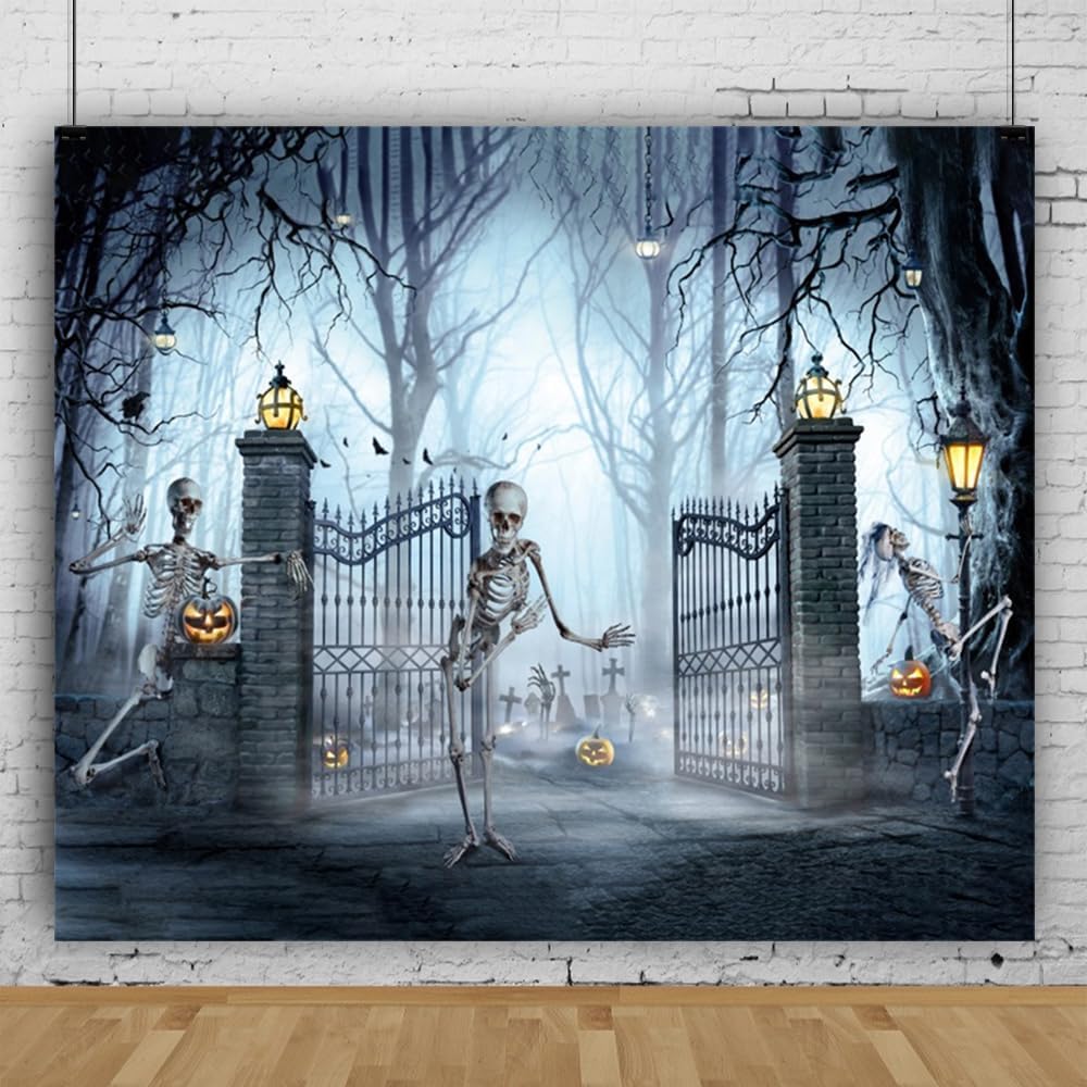 DASHAN 10x8ft Halloween Skull Photo Backdrop Scared Pumpkin in Hunted Woods Photography Backdrop Horrible Graveyard Photo Background Halloween Party Decorations Photo Props