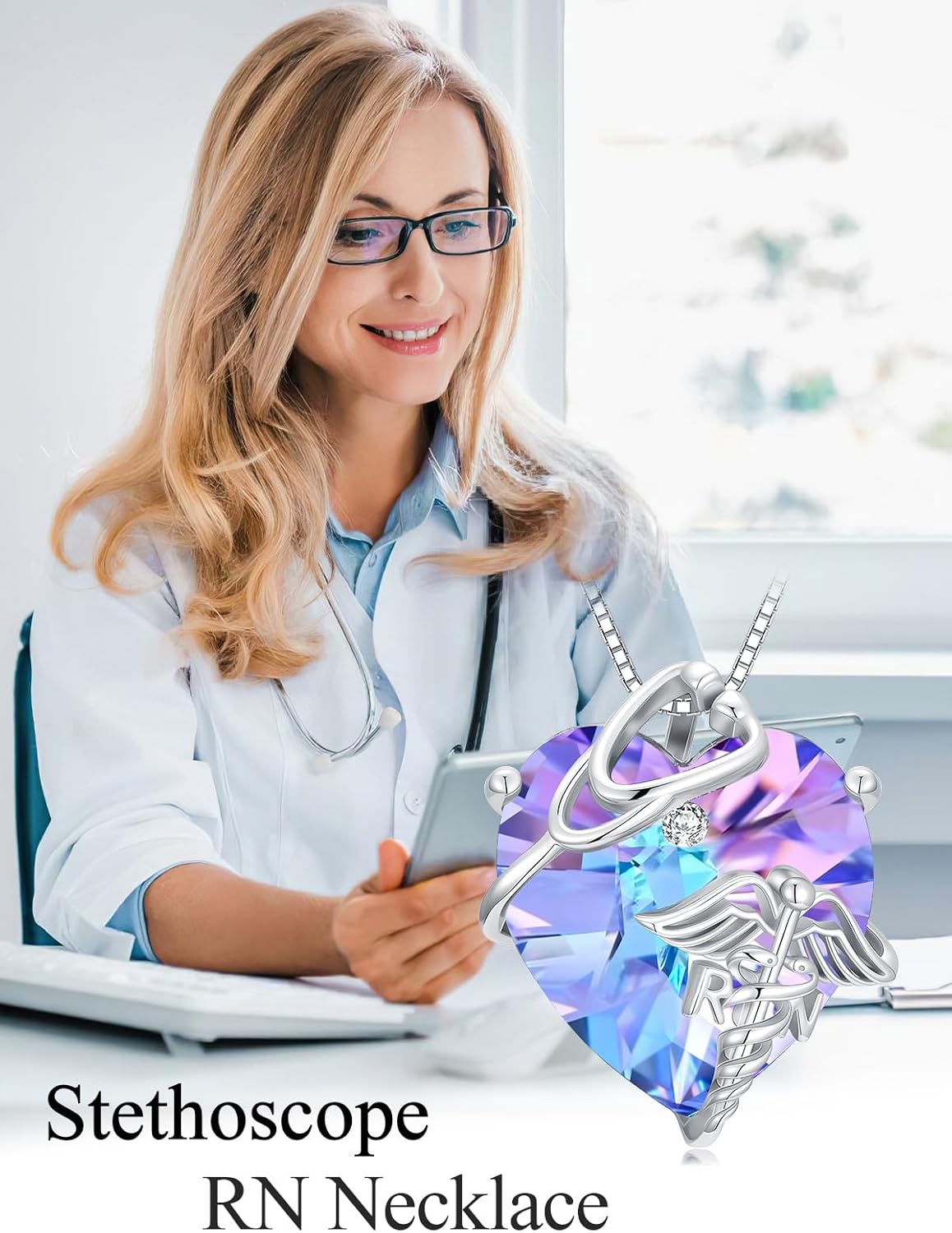 OCJ Nurse Gifts Sterling Silver Stethoscope RN Caduceus Heart Necklace Medical Theme Jewelry for Women Birthday Graduation Christmas Gift for Nurse Doctor Nursing Student - Image 2