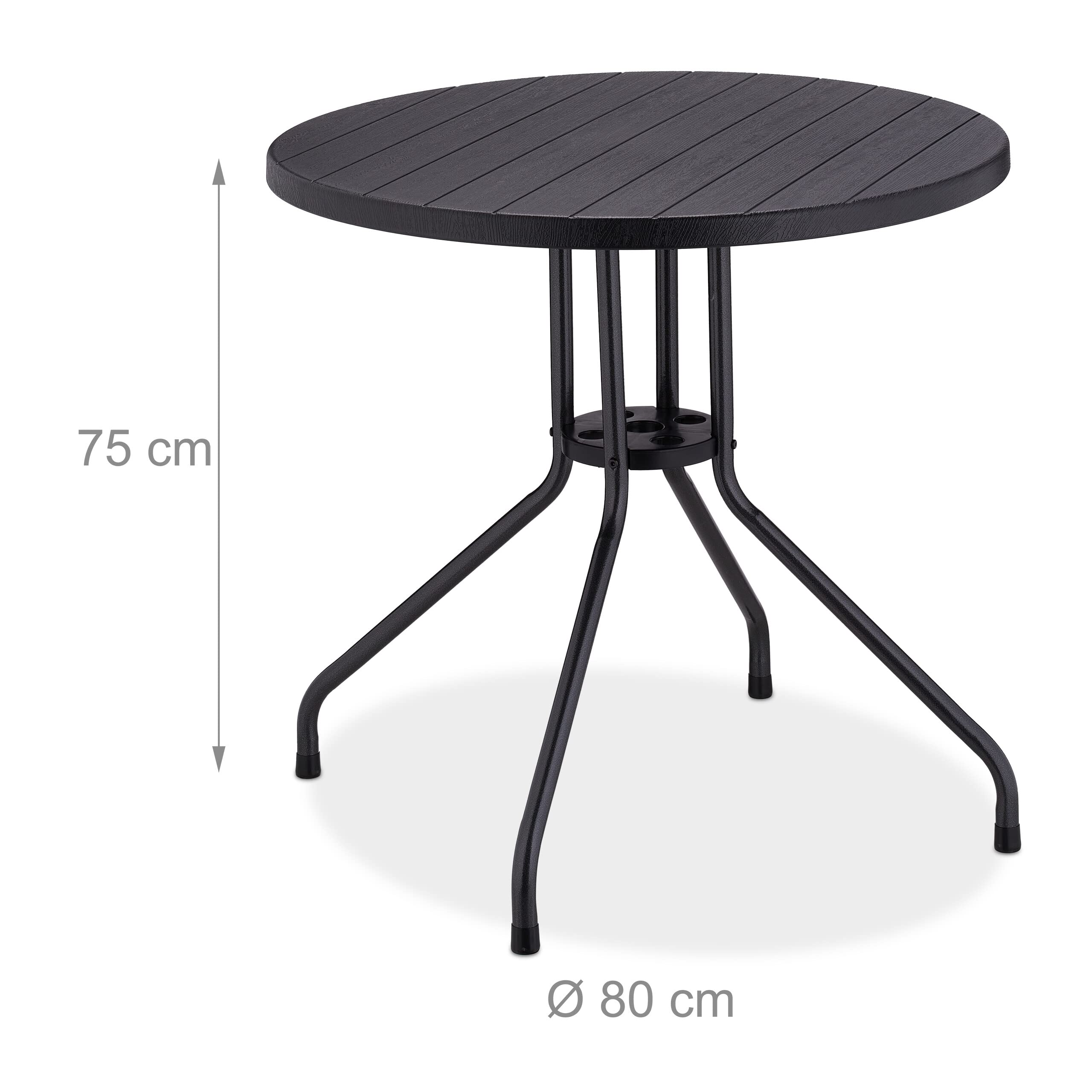 Relaxdays Mesa Jardín, 75 x 80 cm Ø, Mesita Balcón Efecto Madera, Plástico y Metal, Mesilla Terraza Redonda, Negro