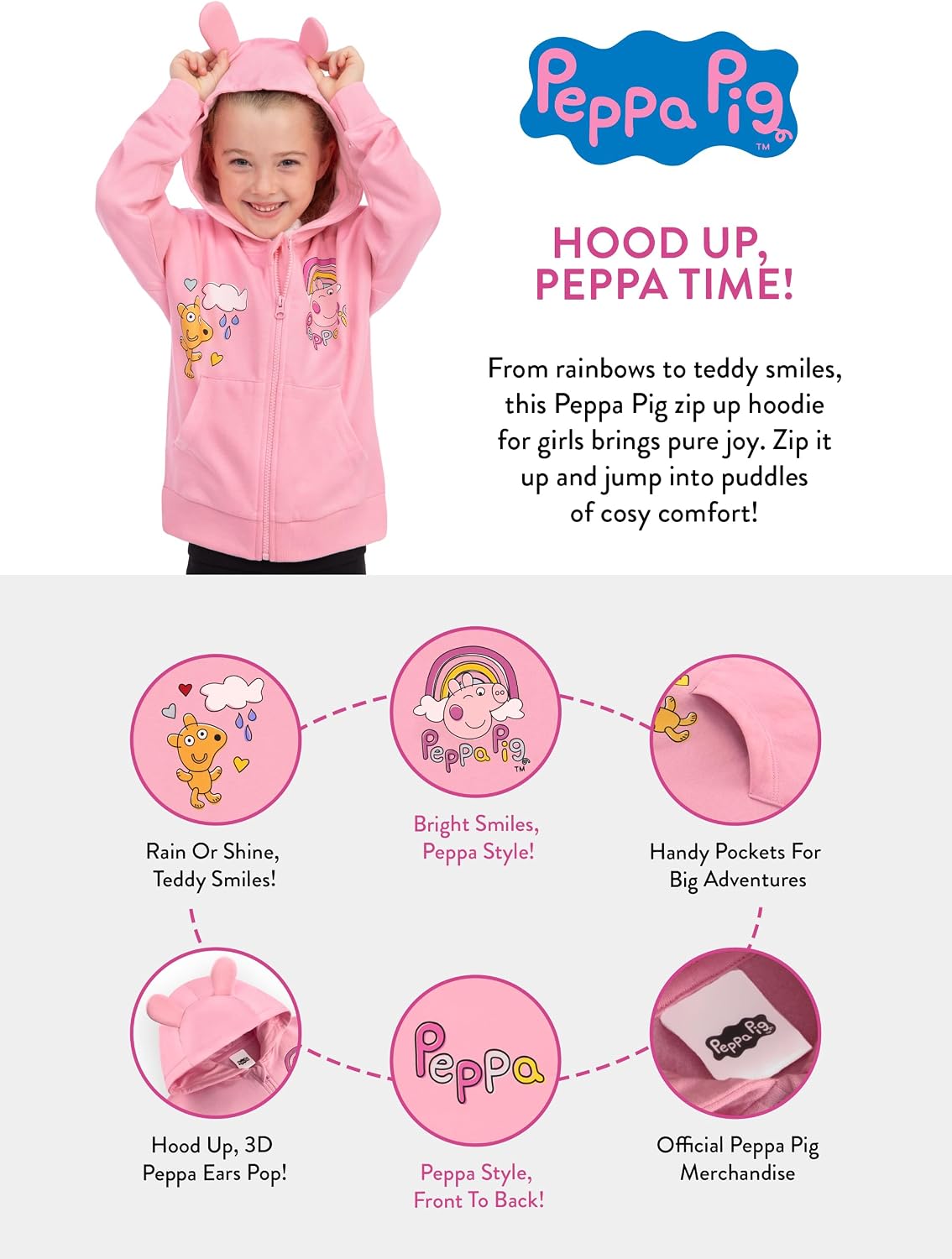 Peppa Pig Girls Hoodie, Girls Zip Up Hoodie With 3D Ears, Peppa Hooded Sweater with Zip, Cotton Kids Sweatshirt