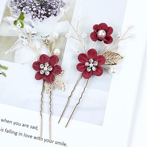 Miniatura 6 de Cinaci 18 piezas para novia, boda, fiesta, graduación, perlas, diamantes de imitación, color burdeos, flores, peines laterales,