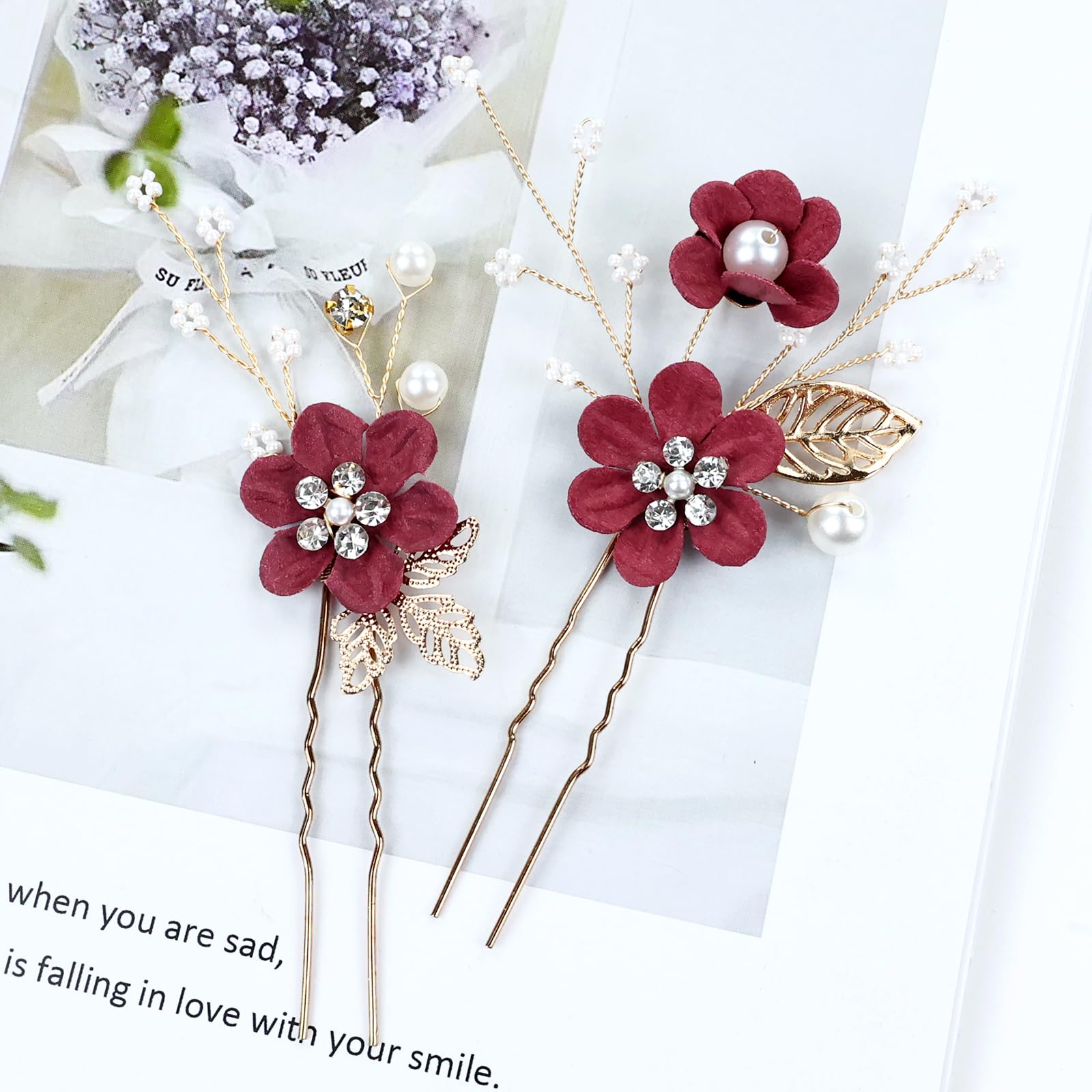 Cinaci Lot de 18 épingles à cheveux en fleur pour mariée, fête de mariage, bal de fin d'année, perles et strass bordeaux, torsion de fleurs, coiffe pour mariées et demoiselles d'honneur