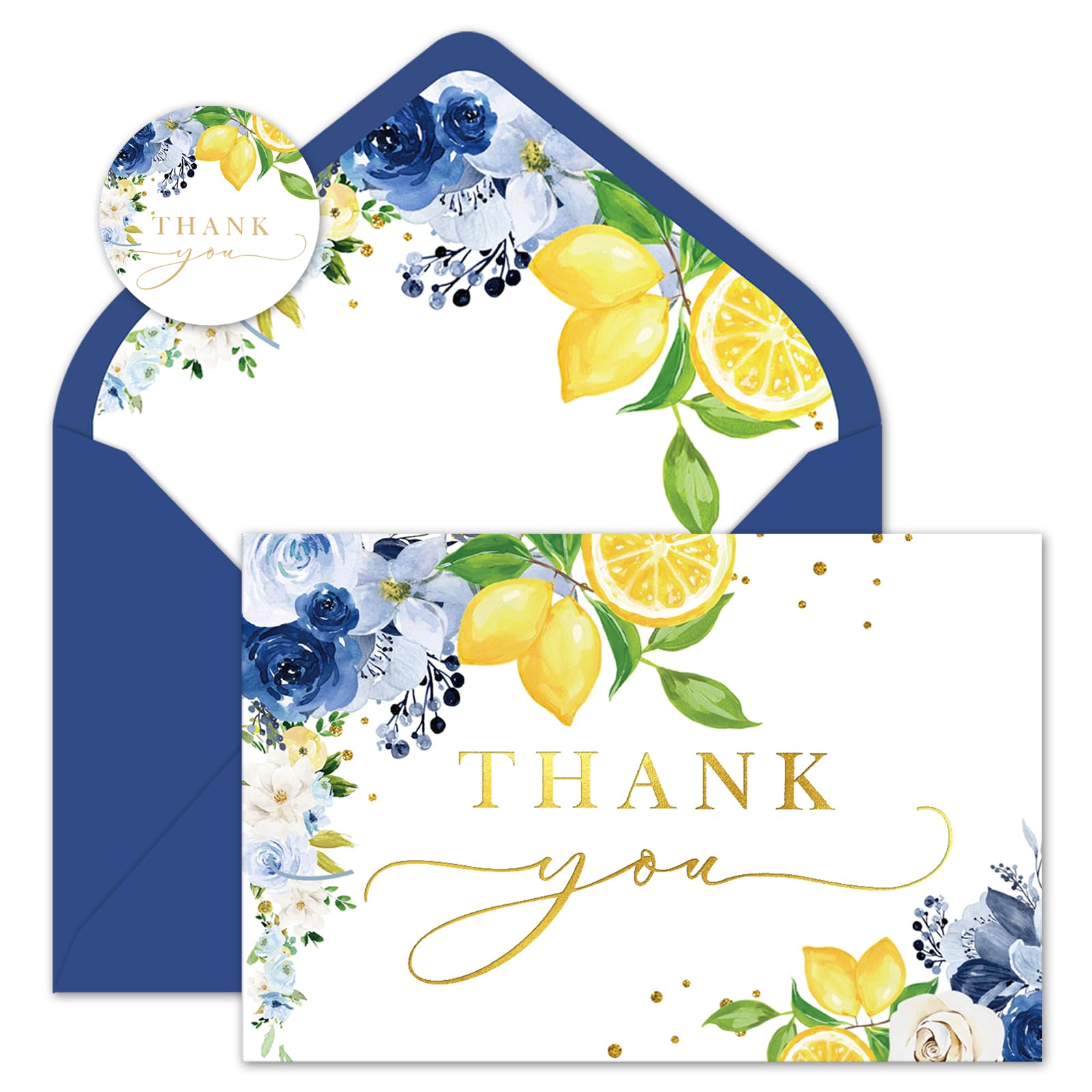 Whaline Blue Lemon Floral Thank You Cards Bulk Watercolor Flower Lemon Thank You Note Card with Stickers Envelopes Foil Gold Blank Cards for Spring