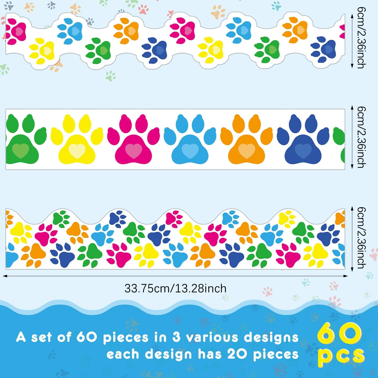 Jecery 60 Pack Paw Print Bulletin Board Borders Colorful Paw Prints Border Design Paper Animal Print Paper for School Classroom Black Bulletin Board Border Computer Teacher Decorations