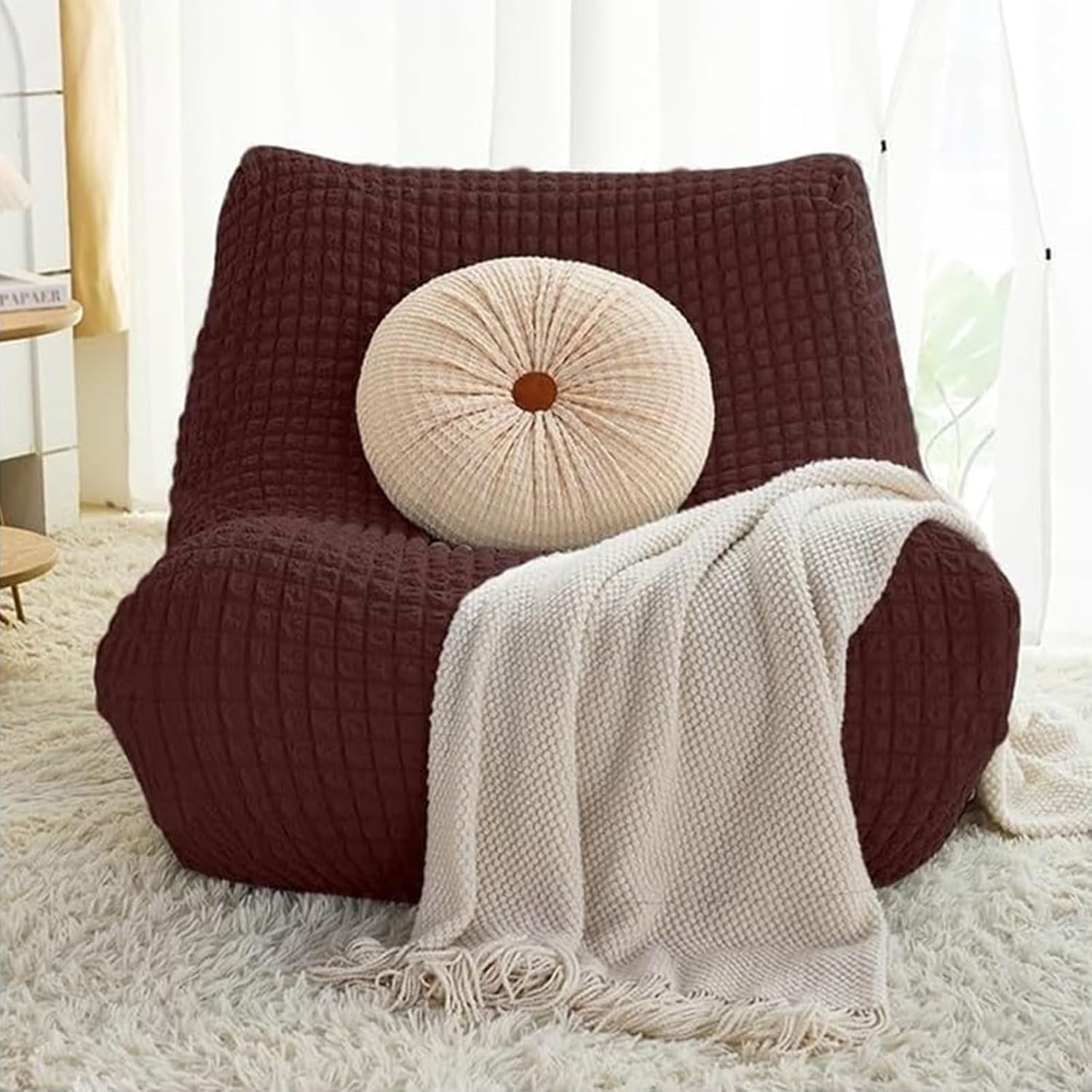 TANGHULU Stretch Fireside Chair Cover, Armless Chaise Lounge Slipcover Lazy Floor Couch Furniture Protector Bean Bag Cover with Elastic Bottom for Living Room Bedroom(Coffee)