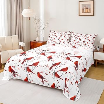 Berries and Cardinals Pattern Printed Bed Sheets Set King Size Red Cardinal Bed Set Christmas Deep Pocket Fitted Sheet Bird Print Breathable Soft Lightweight Microfiber Animal Decor