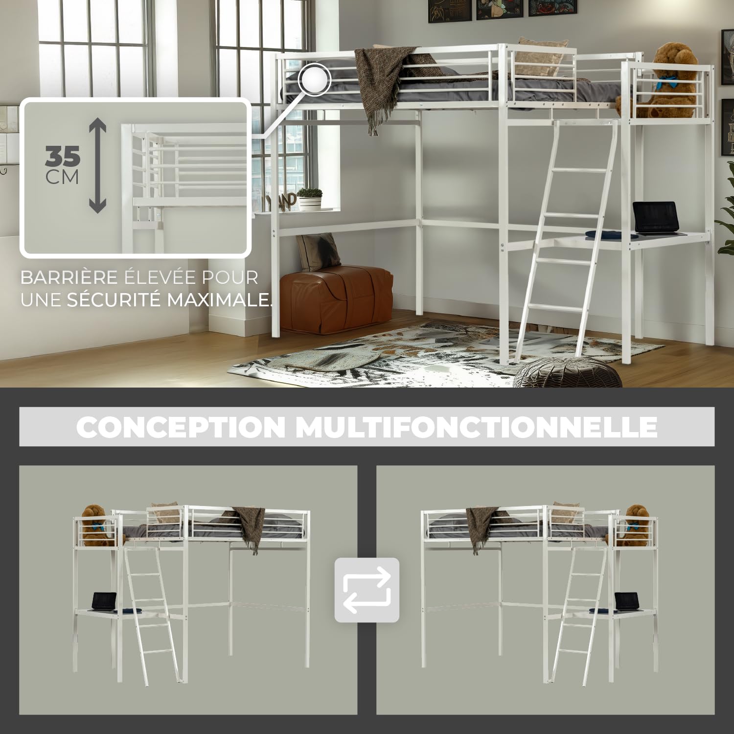 MEUBLE Cosy Literas Juveniles Cama Alta Estructura de Metal Doble 140 x 190 cm con Escalera y Escritorio para niños, Adolescentes y Adultos, Estilo Industrial, Blanco