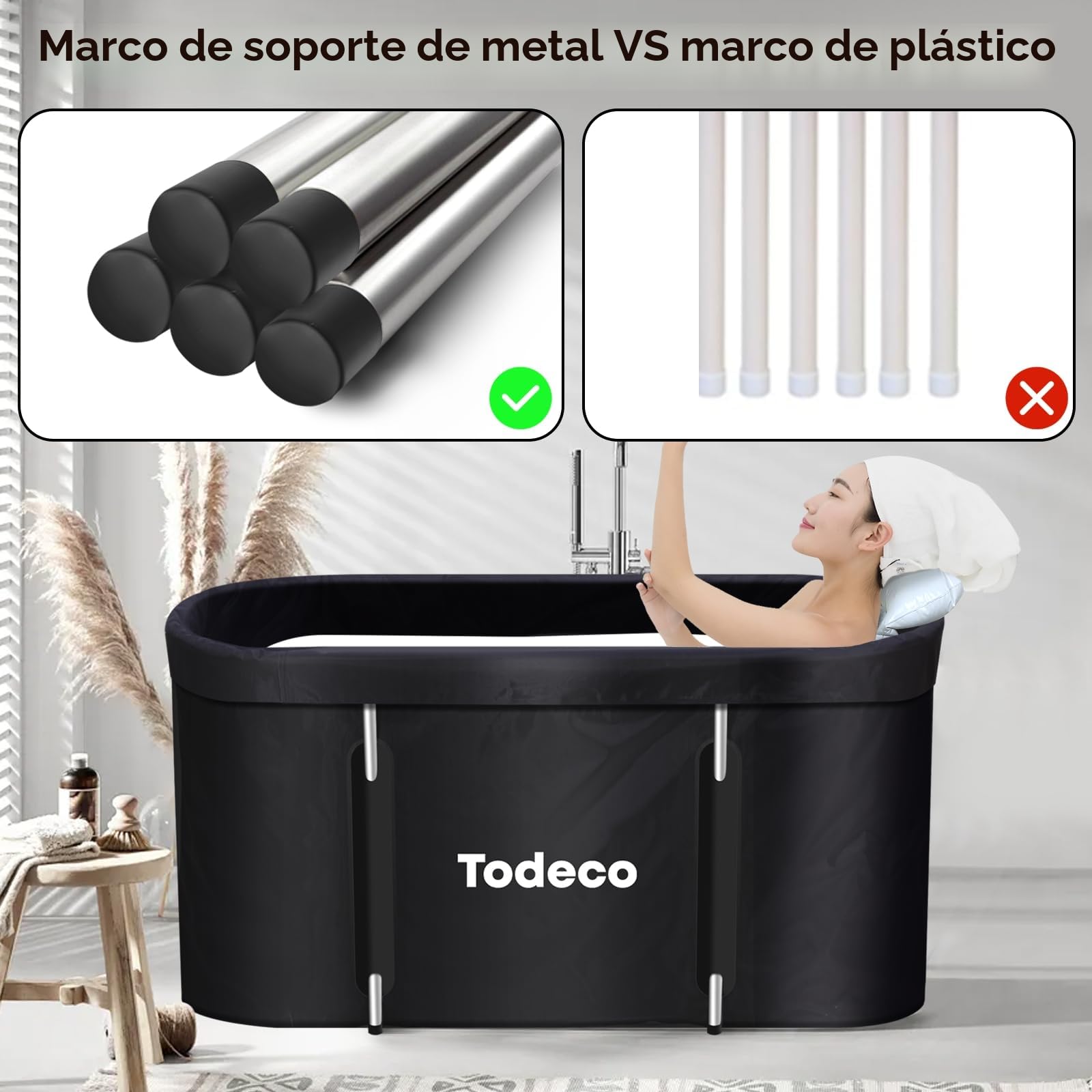 Todeco - Bañera plegable para adultos, grande para spa portátil móvil, para ducha, bañera de hidromasaje, plegable, para baño pequeño, 120 x 55 x 50 cm, color negro