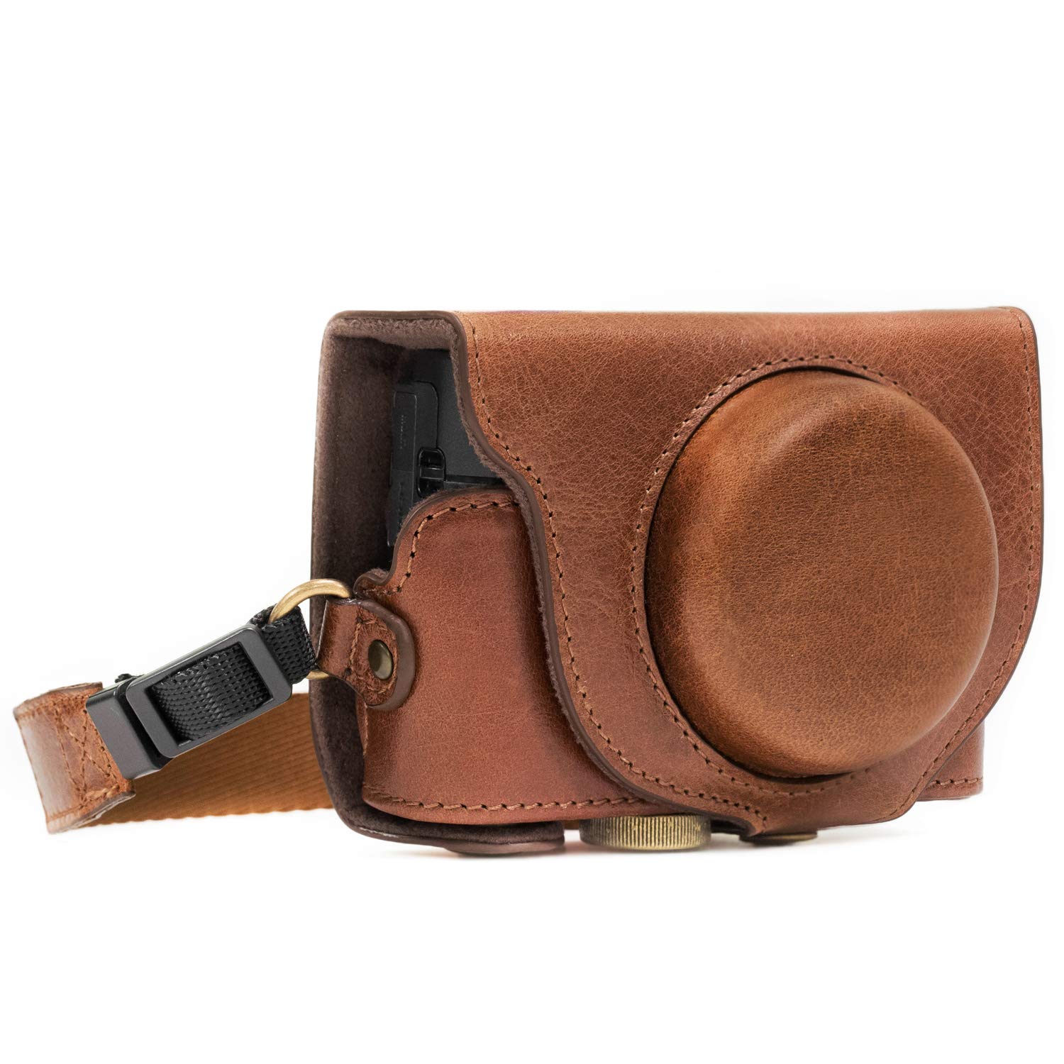 MegaGear MG875 Sony Cyber-Shot DSC-RX100 VI, DSC-RX100 V, DSC-RX100 IV Ever Ready Genuine Leather Camera Case with Strap - Dark Brown